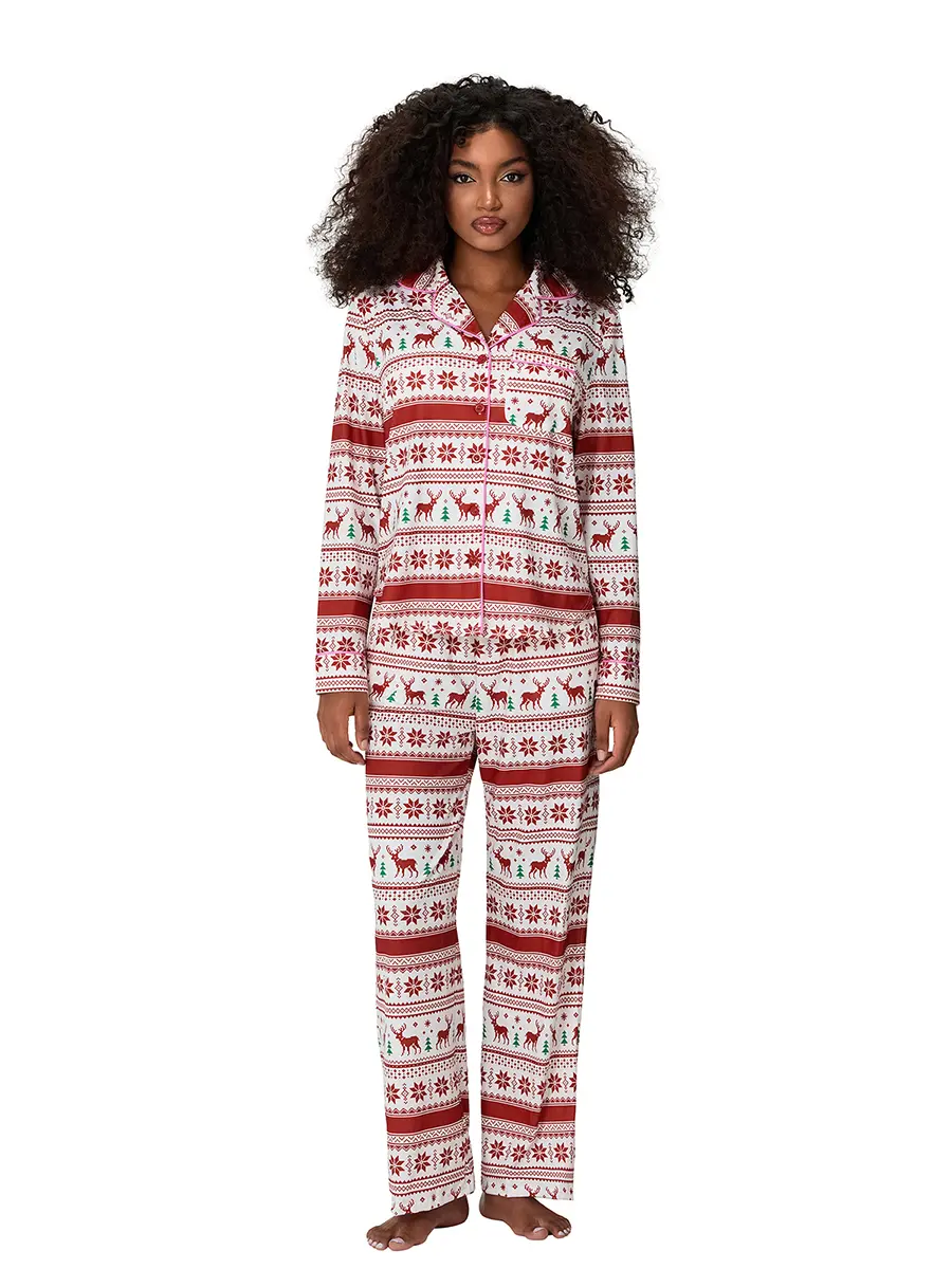 Women 2 Piece Pajamas Set Christmas Print Button up Long Sleeves Shirt and Elastic Pants for Loungewear Soft Sleepwear
