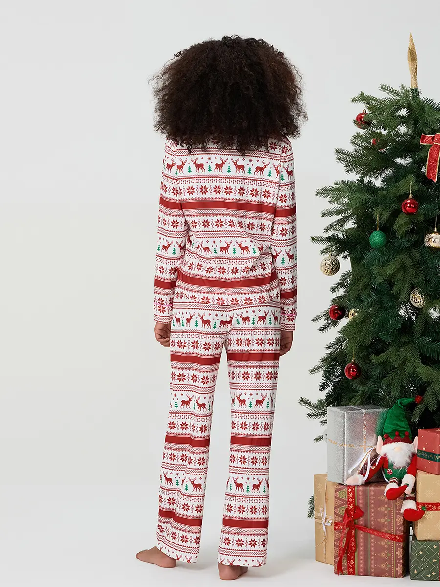 Women 2 Piece Pajamas Set Christmas Print Button up Long Sleeves Shirt and Elastic Pants for Loungewear Soft Sleepwear