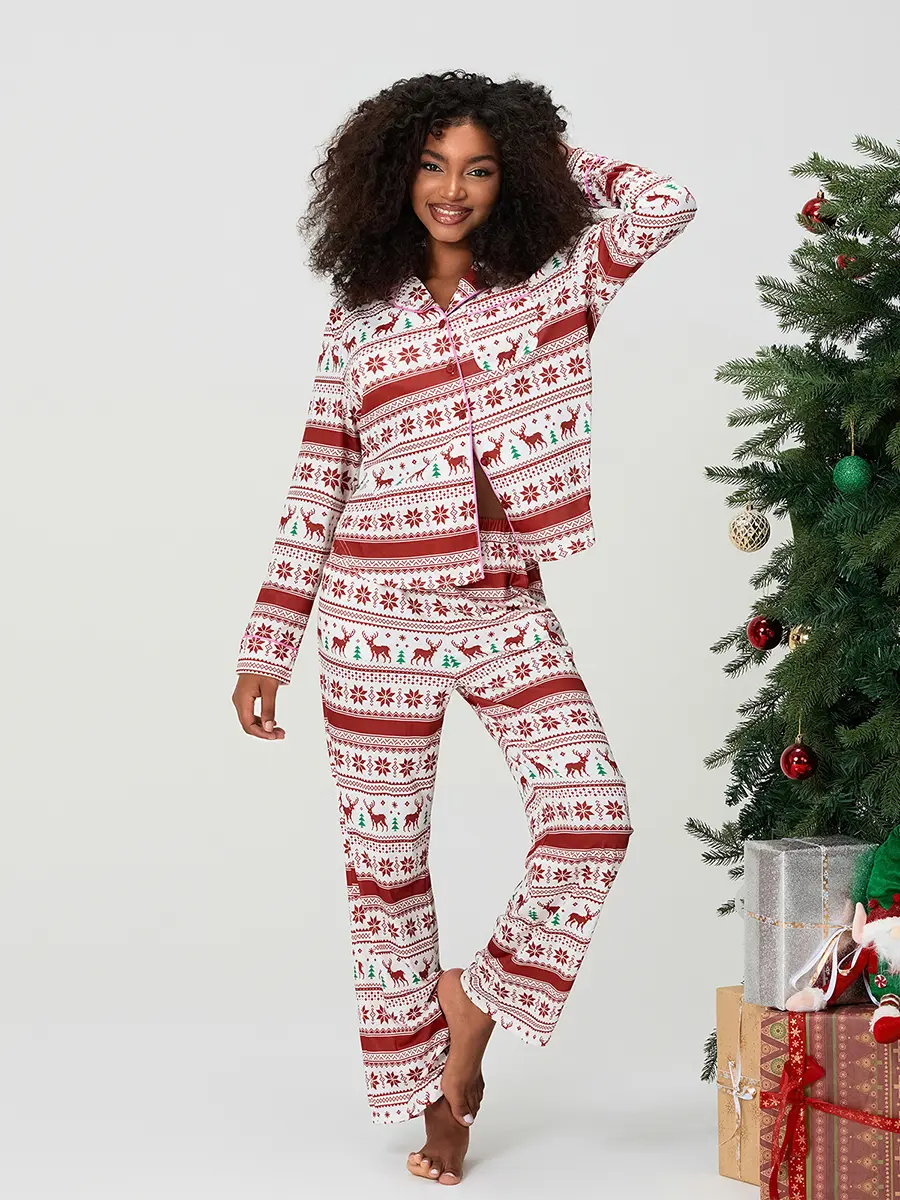 Women 2 Piece Pajamas Set Christmas Print Button up Long Sleeves Shirt and Elastic Pants for Loungewear Soft Sleepwear