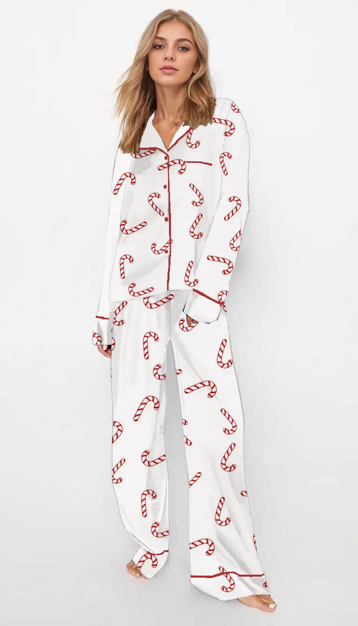 Women's Christmas Pajama Set Long Sleeve Lapel Santa Claus/Tree/Bow/Candy Cane Print Shirt Pants Sleepwear Sets