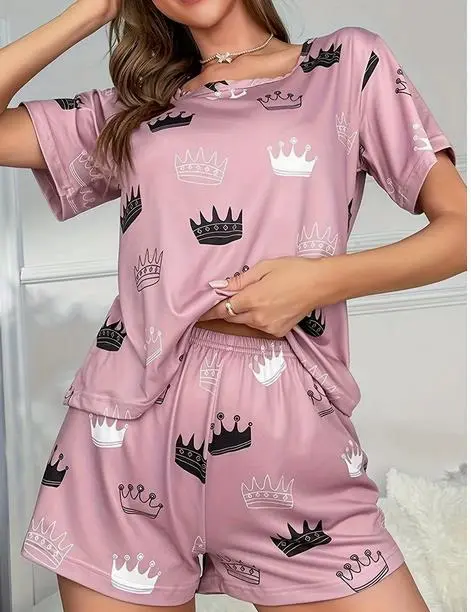 Women 2 Piece Pajamas Set Crown Print Short Sleeves T-Shirt and Elastic Shorts for Loungewear Soft Sleepwear