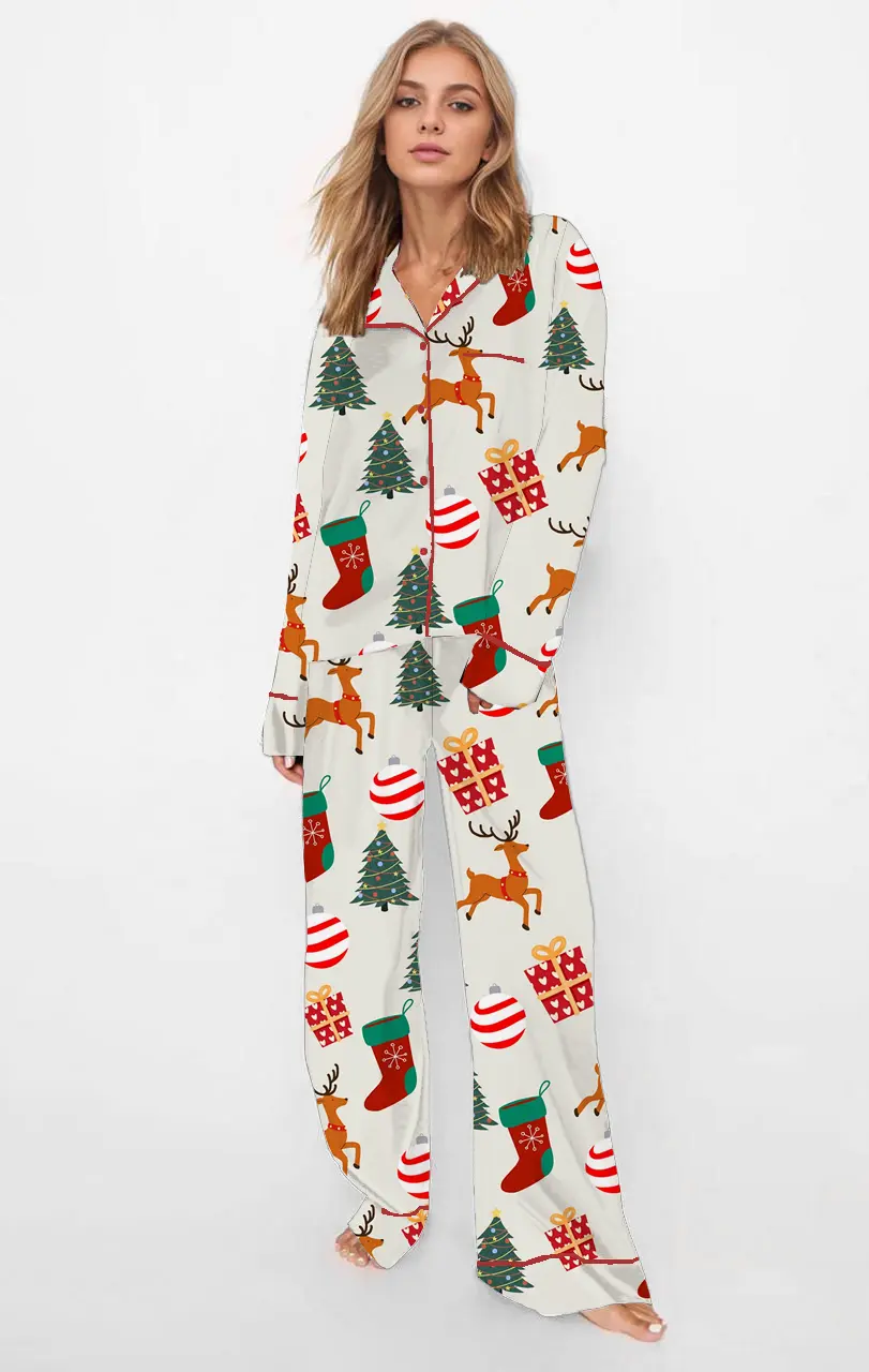Women's Christmas Pajama Set Long Sleeve Lapel Santa Claus/Tree/Bow/Candy Cane Print Shirt Pants Sleepwear Sets