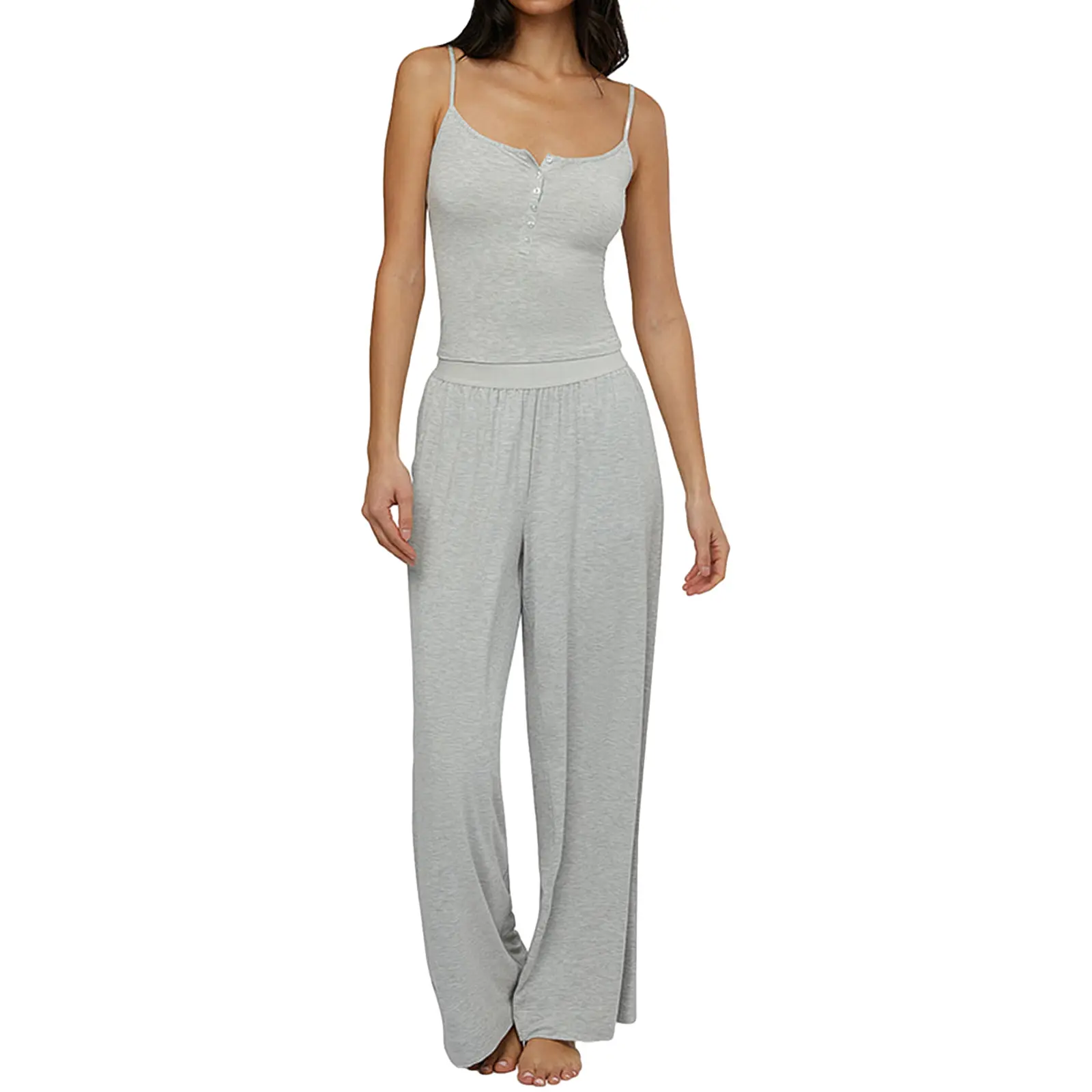 Women's Casual 2 Piece Pajama Set Solid Color/Floral Button Cami Tops Pants Sleepwear Sets