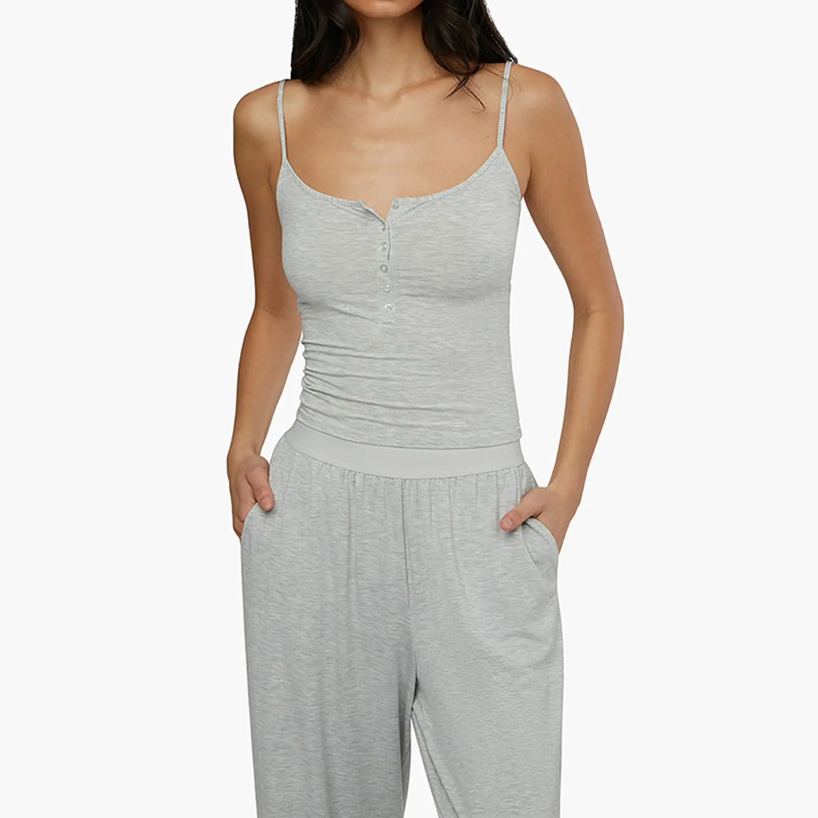 Women's Casual 2 Piece Pajama Set Solid Color/Floral Button Cami Tops Pants Sleepwear Sets