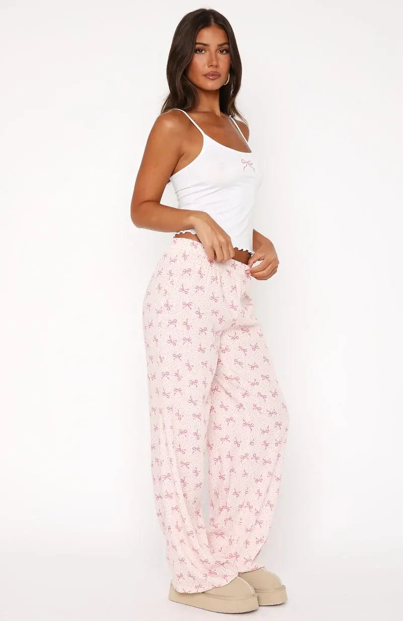 Women's Summer Pajamas Set Stylish Bow Print Camisole Crop Tops with Pants Lounge Wear 2 Pcs Set