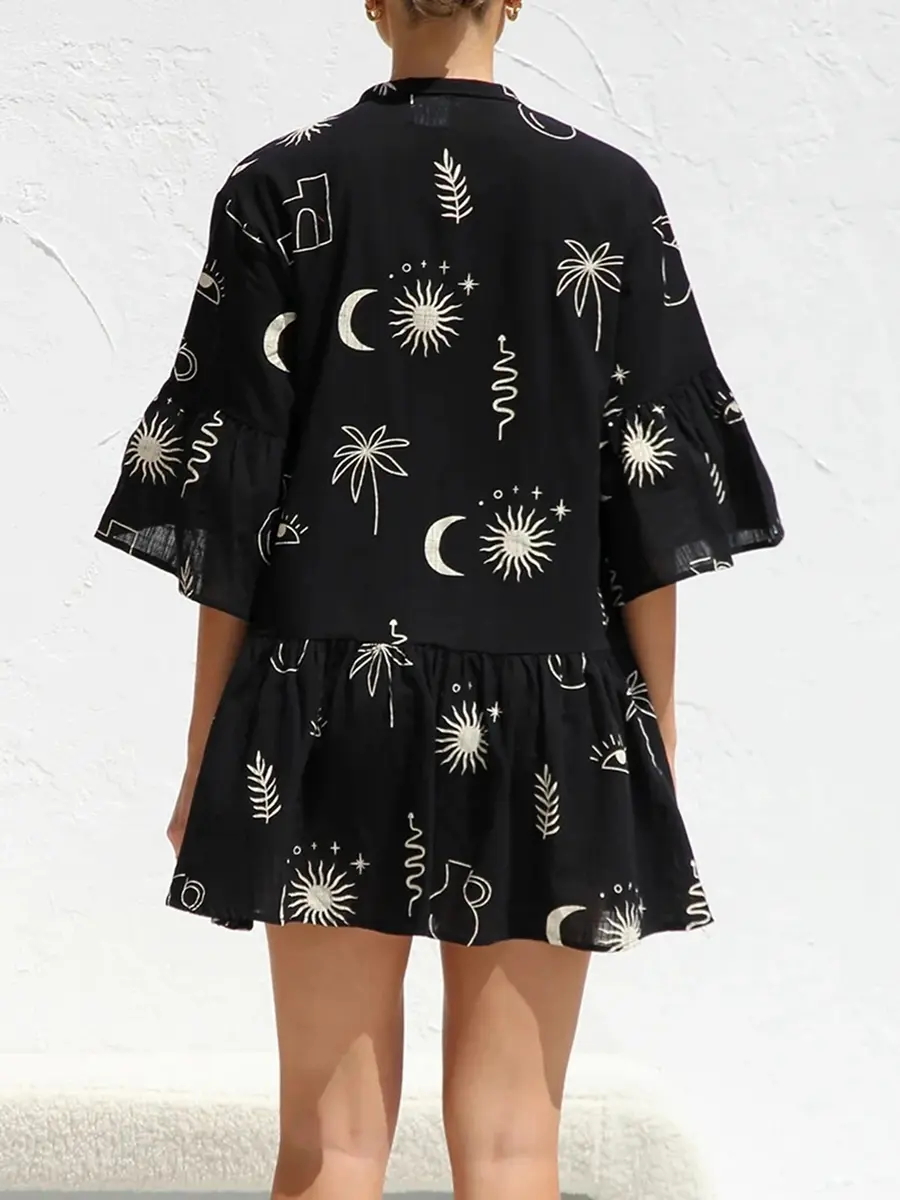 Women's Casual Mini Shirt Dress Bohemian Flare Sleeve V Neck Button Down A-Line Dress Irregular Ruffle Dress For Sleepwear