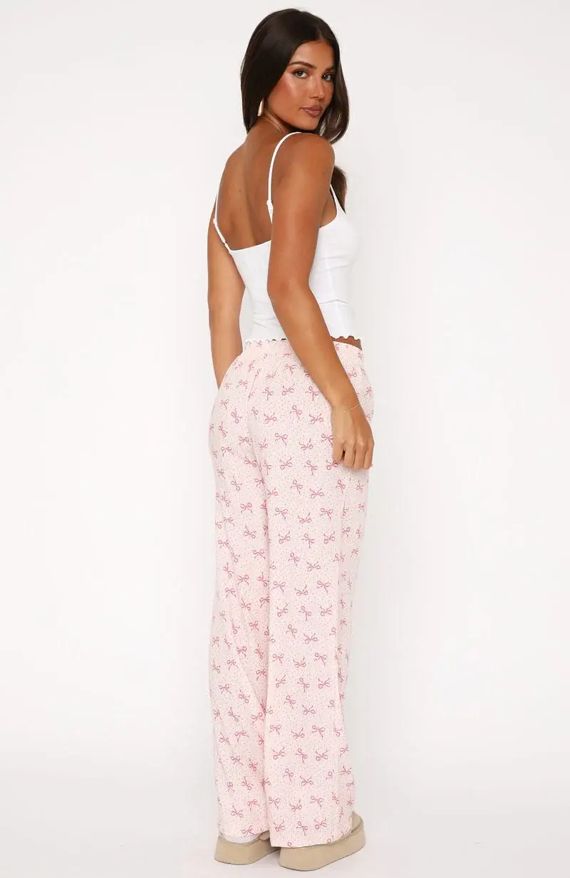 Women's Summer Pajamas Set Stylish Bow Print Camisole Crop Tops with Pants Lounge Wear 2 Pcs Set