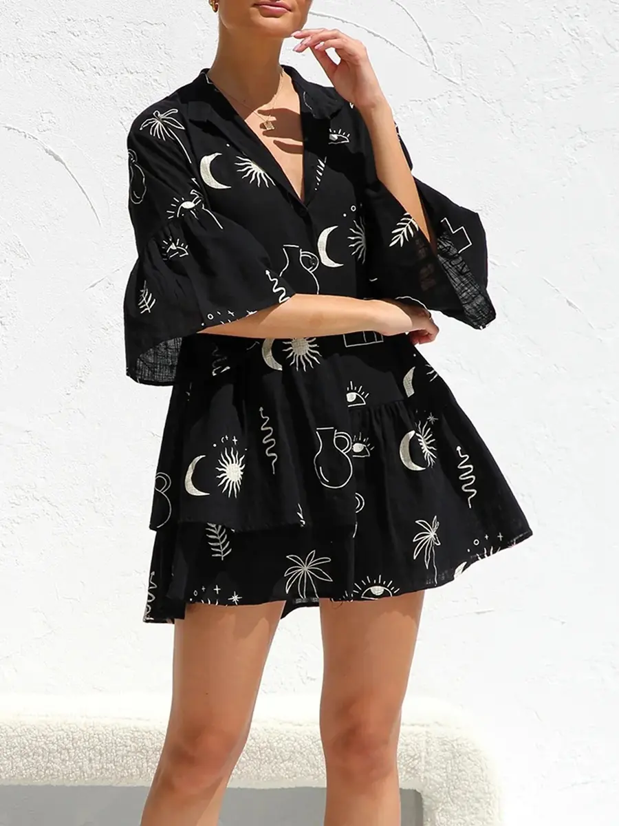 Women's Casual Mini Shirt Dress Bohemian Flare Sleeve V Neck Button Down A-Line Dress Irregular Ruffle Dress For Sleepwear