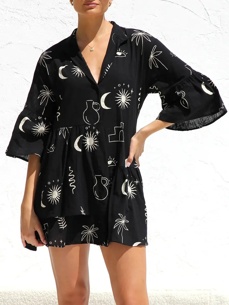 Women's Casual Mini Shirt Dress Bohemian Flare Sleeve V Neck Button Down A-Line Dress Irregular Ruffle Dress For Sleepwear