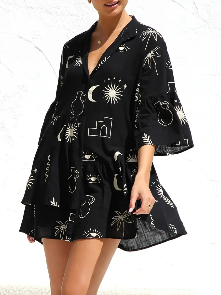 Women's Casual Mini Shirt Dress Bohemian Flare Sleeve V Neck Button Down A-Line Dress Irregular Ruffle Dress For Sleepwear