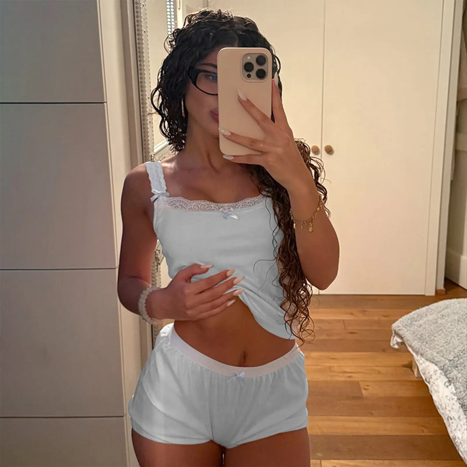 Women's Summer Pajamas Set Stylish Contrast Edge Camisole Tops with Shorts Lounge Wear 2 Pcs Set