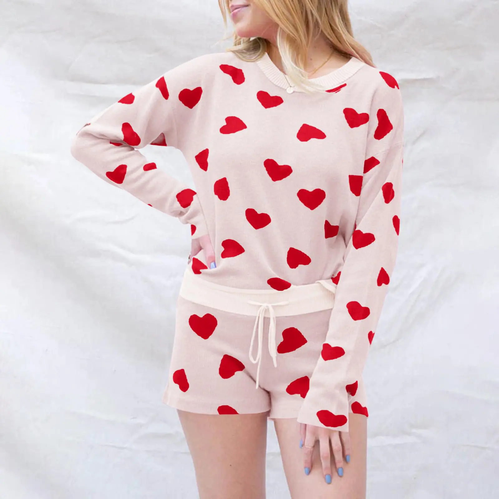 Women's 2 Piece Pajama Set Long Sleeve Heart Print Tops Drawstring Shorts Sleepwear Sets