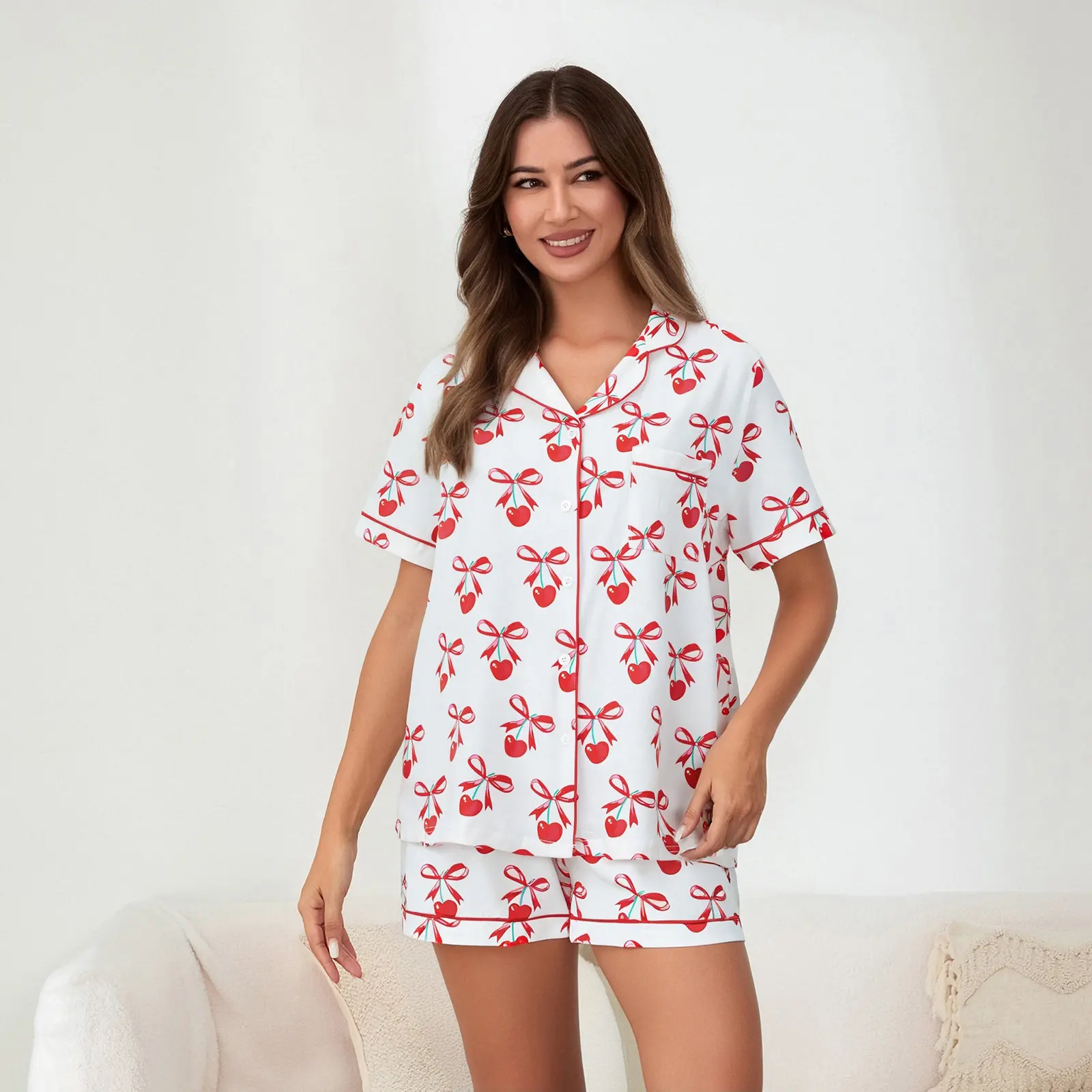 Women Valentine's Day Pajamas Lounge Set Heart/Bow/Boots Print Short Sleeve Tops and Shorts 2 Piece Loungewear Outfits