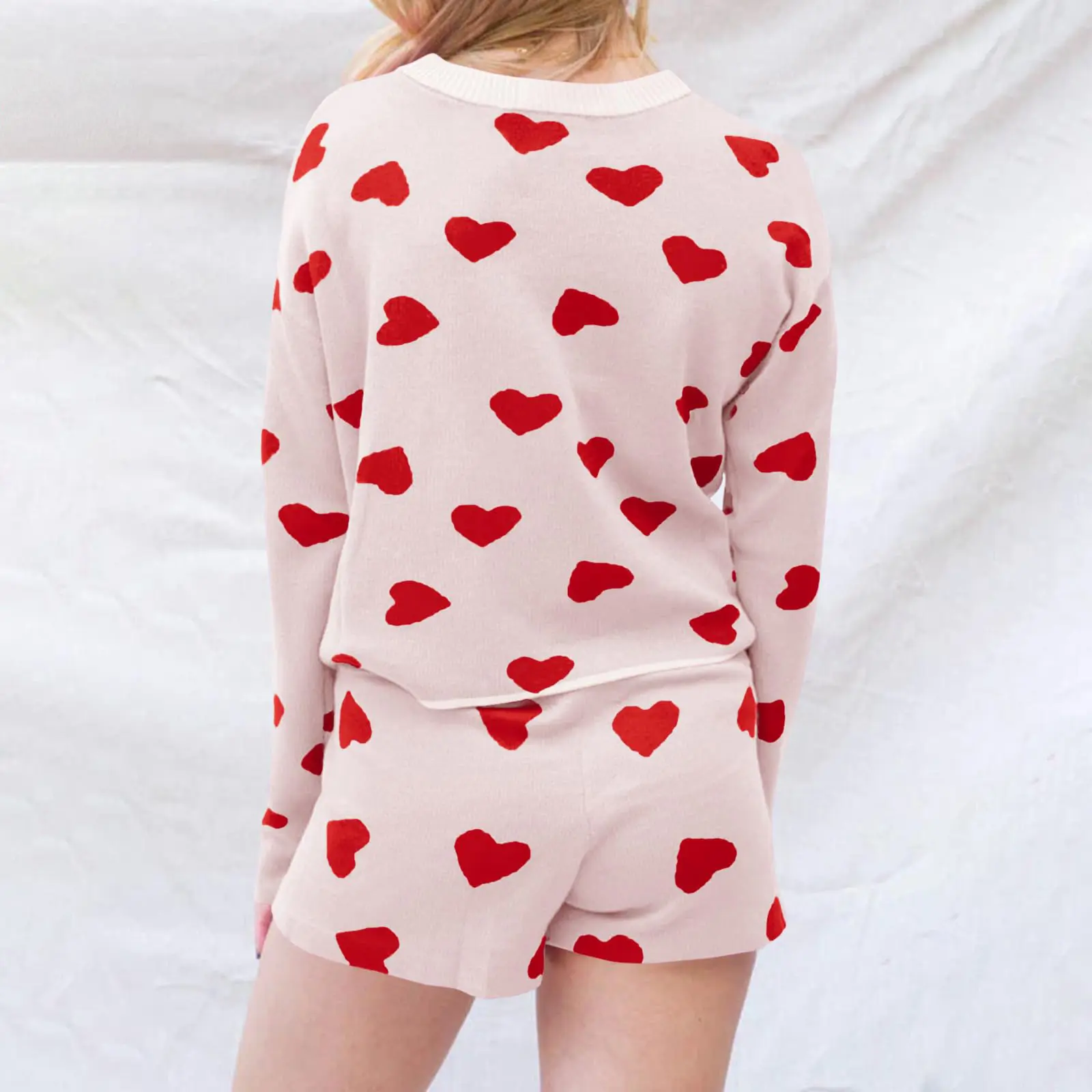 Women's 2 Piece Pajama Set Long Sleeve Heart Print Tops Drawstring Shorts Sleepwear Sets