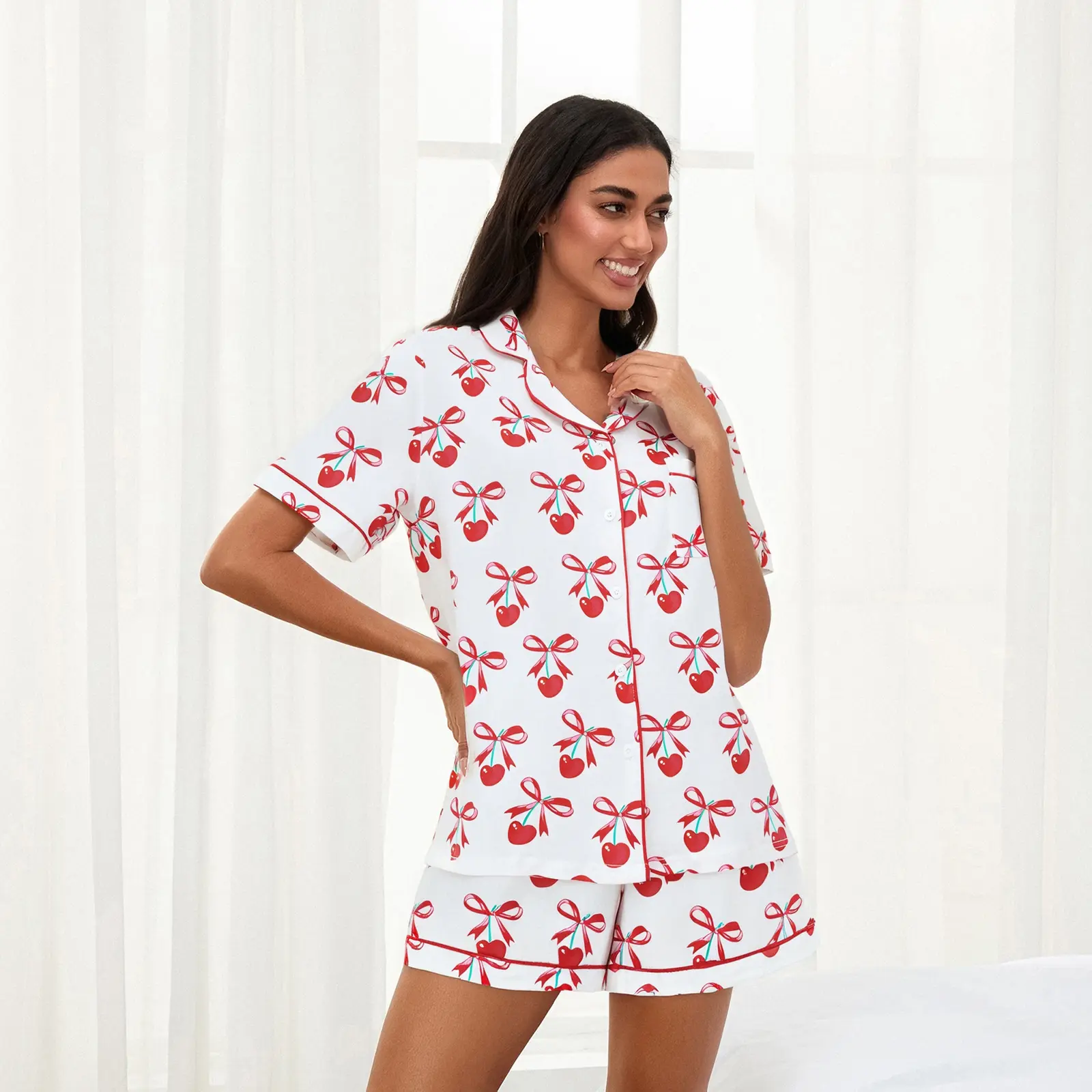 Women Valentine's Day Pajamas Lounge Set Heart/Bow/Boots Print Short Sleeve Tops and Shorts 2 Piece Loungewear Outfits