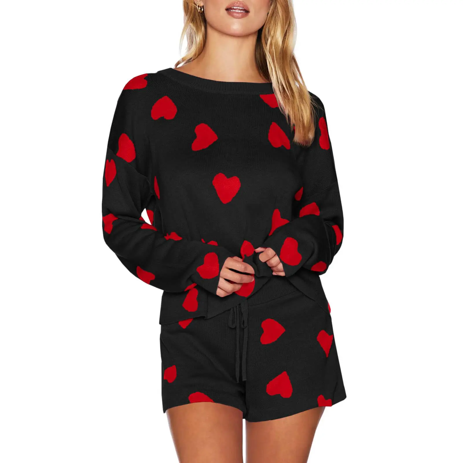 Women's 2 Piece Pajama Set Long Sleeve Heart Print Tops Drawstring Shorts Sleepwear Sets