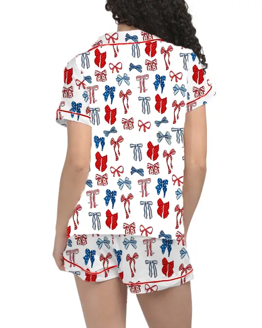 Women’s 2 Piece Pajamas Set Cute Short Sleeve Bow Print Shirt + Drawstring Shorts Set Lounge Clothes
