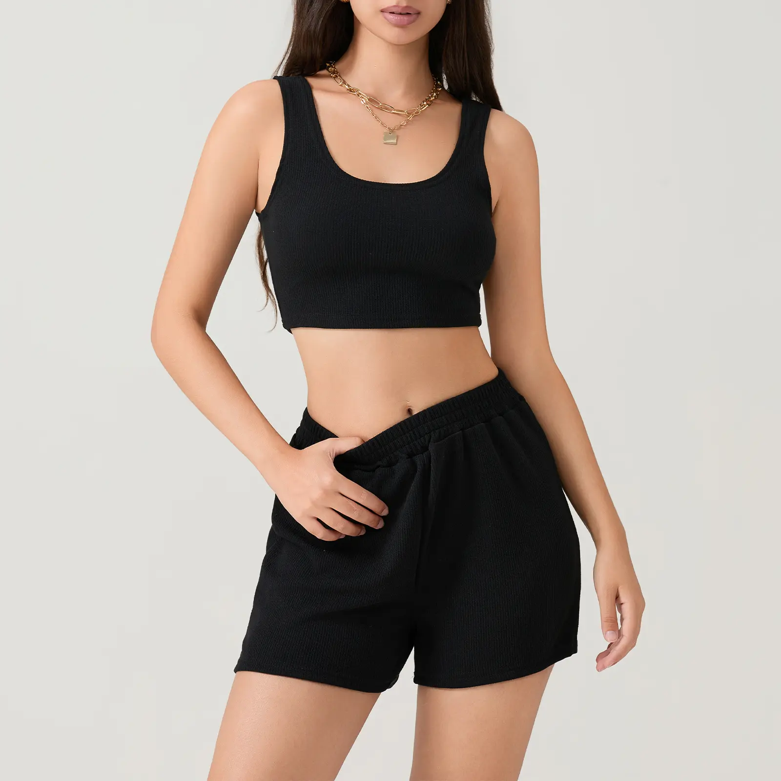 Women Autumn Casual Solid Color Slim Vest Square Neck Crop Shirt + Loose Short Trousers