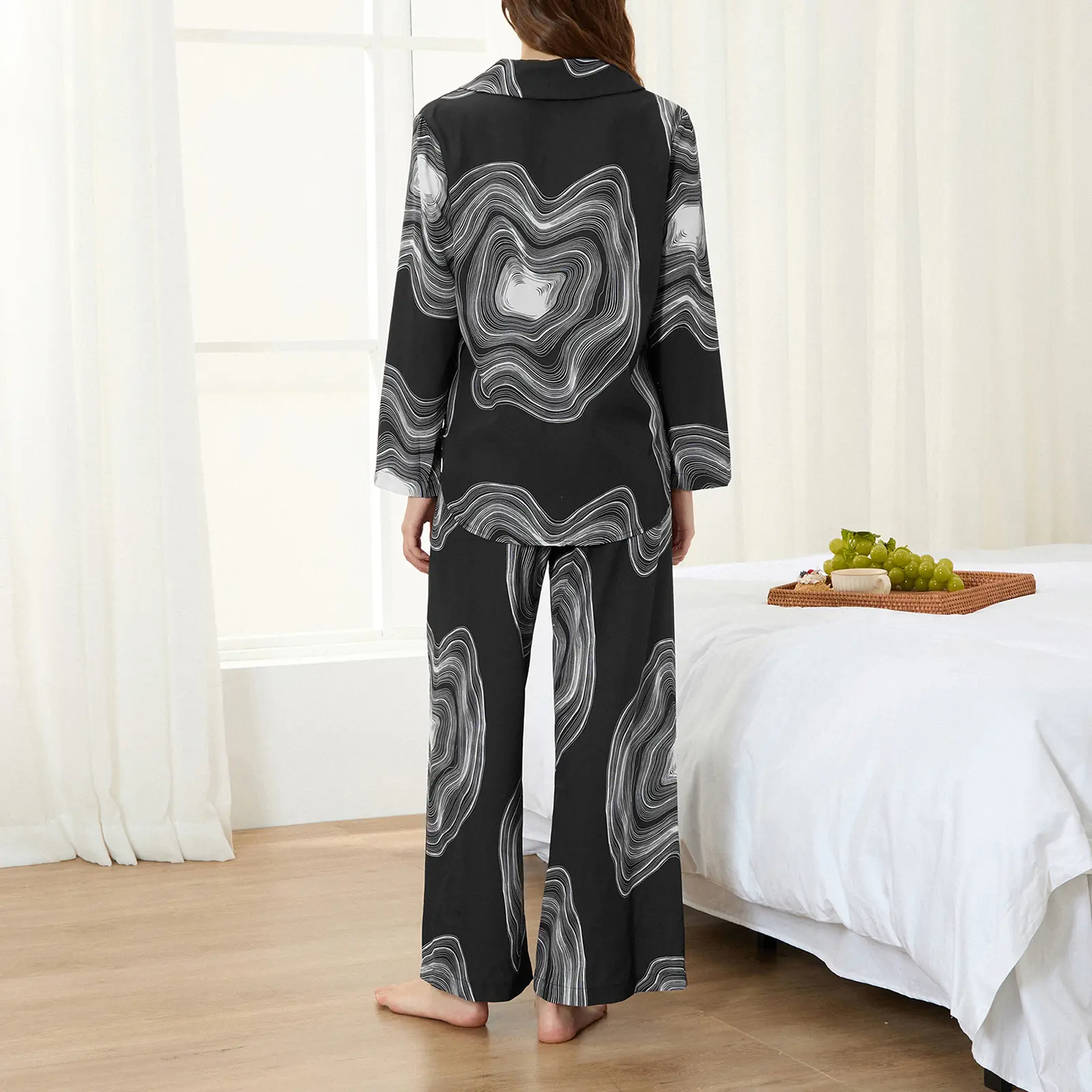 Women's 2 Piece Lounge Set Long Sleeve Lapel Pattern Print Tops Pants Sleepwear Sets