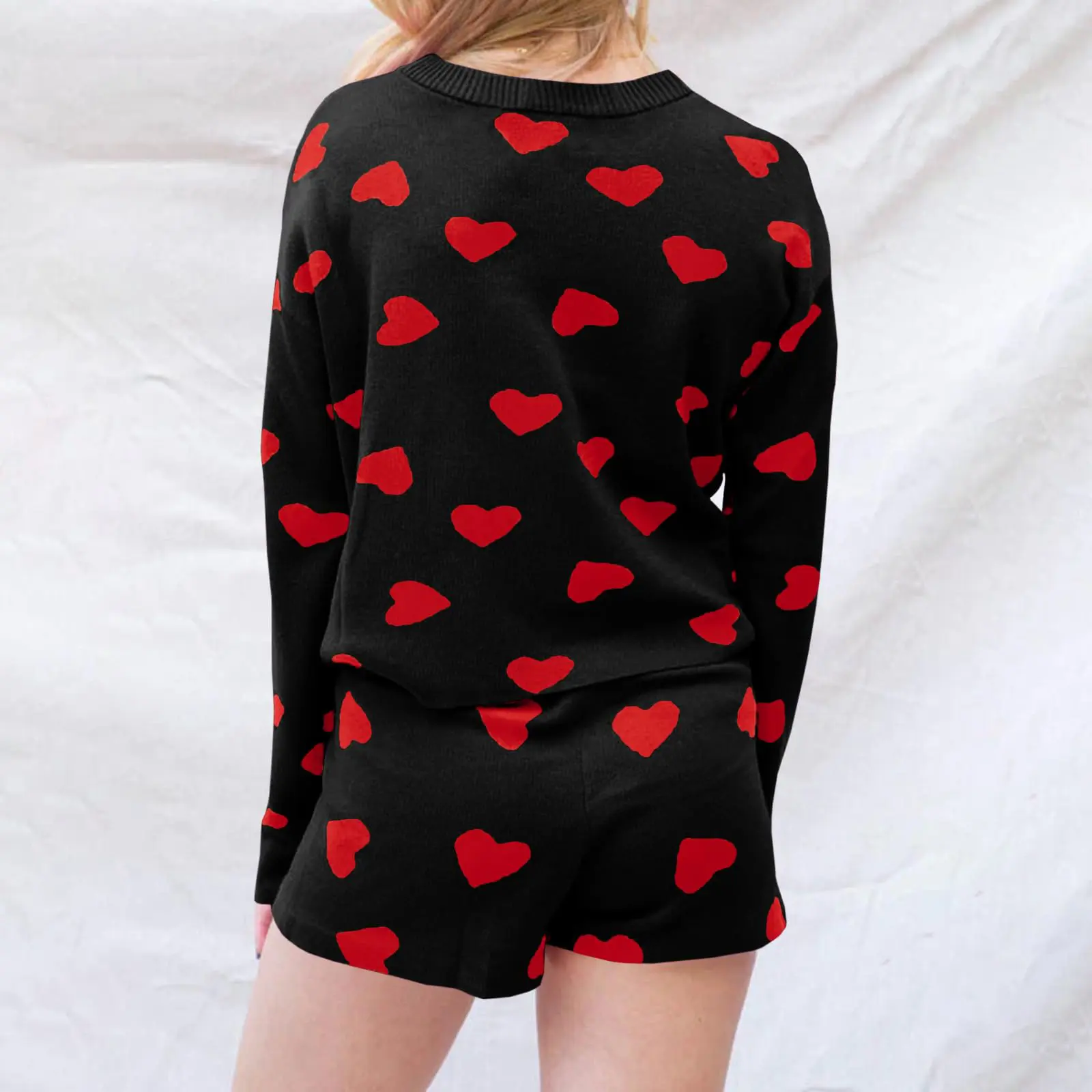 Women's 2 Piece Pajama Set Long Sleeve Heart Print Tops Drawstring Shorts Sleepwear Sets