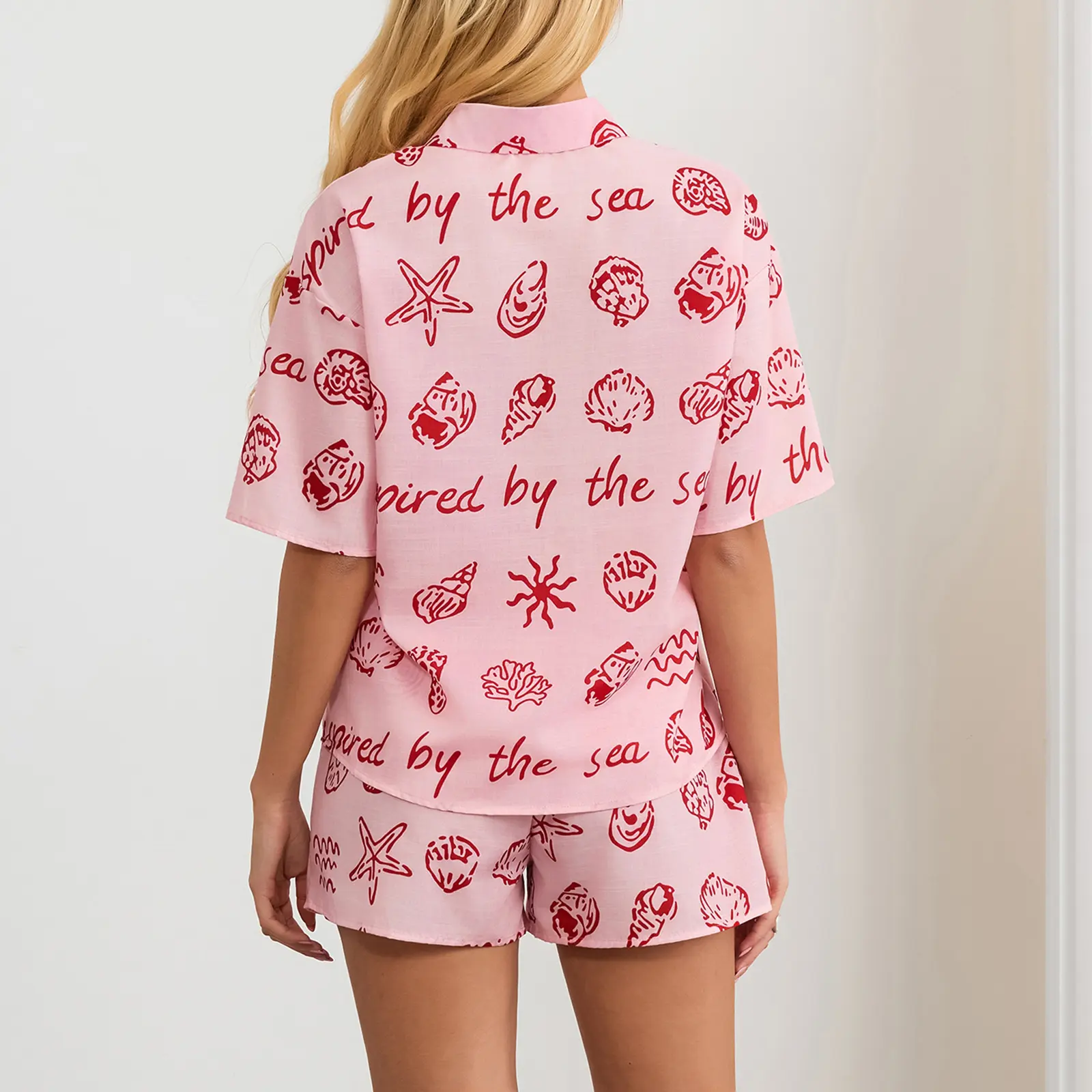 Women's Casual Prairie Chic 2 Piece Beach Outfits Short Sleeve Lapel Pattern Print Button Shirt Wide Leg Shorts Sets