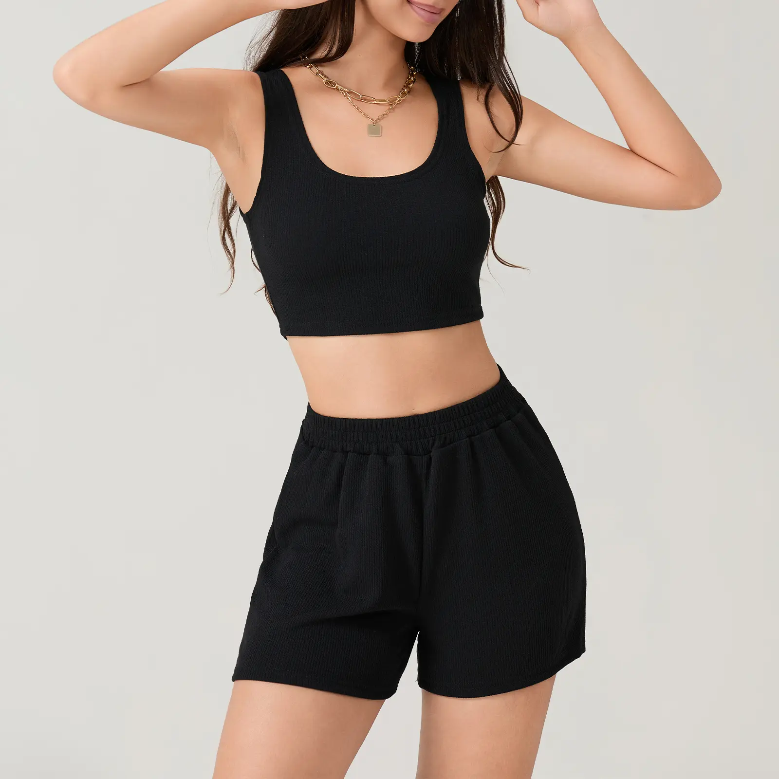 Women Autumn Casual Solid Color Slim Vest Square Neck Crop Shirt + Loose Short Trousers