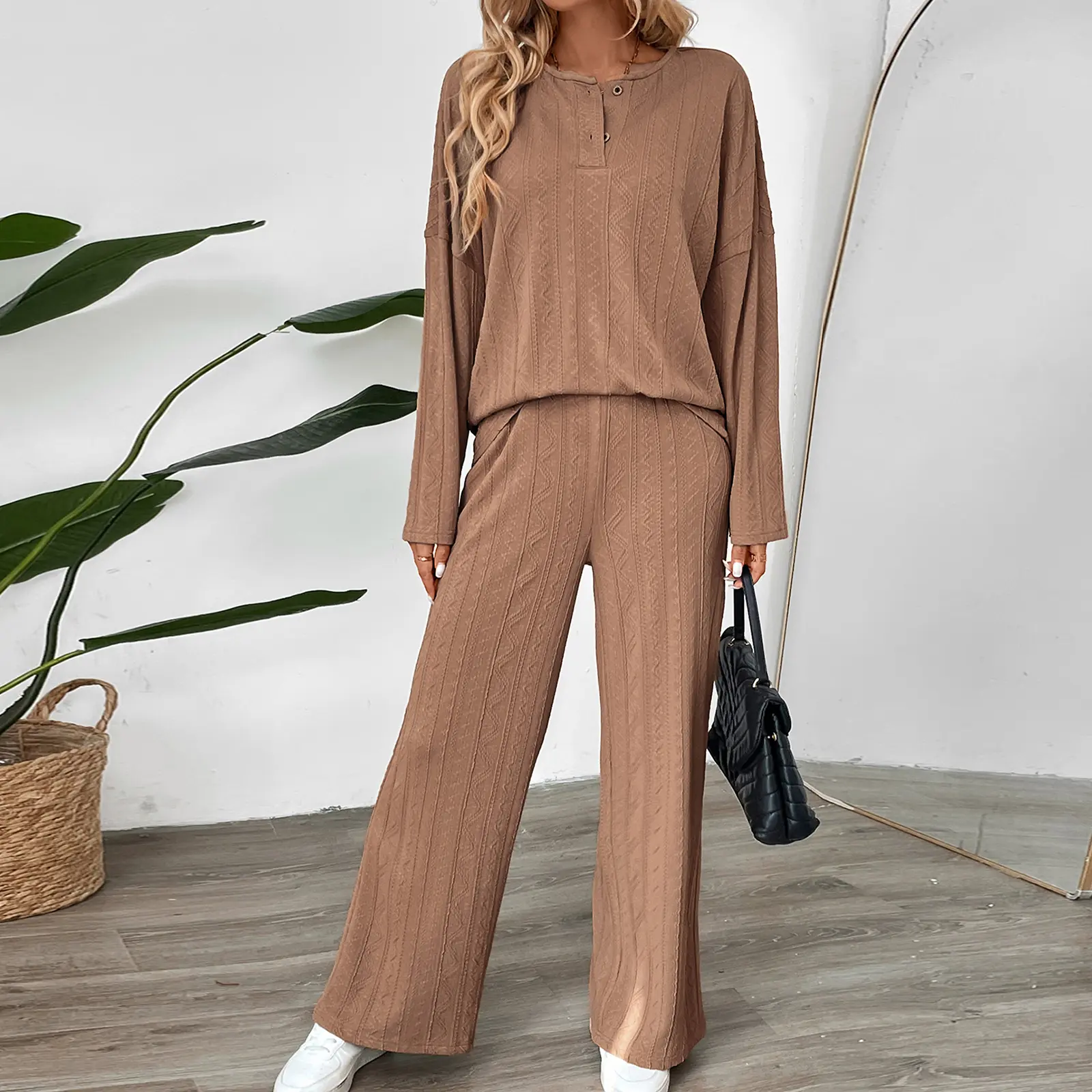 Women's Fall Loungewear Set Solid Color Long Sleeve Tops with Loose Long Pants Sleepwear