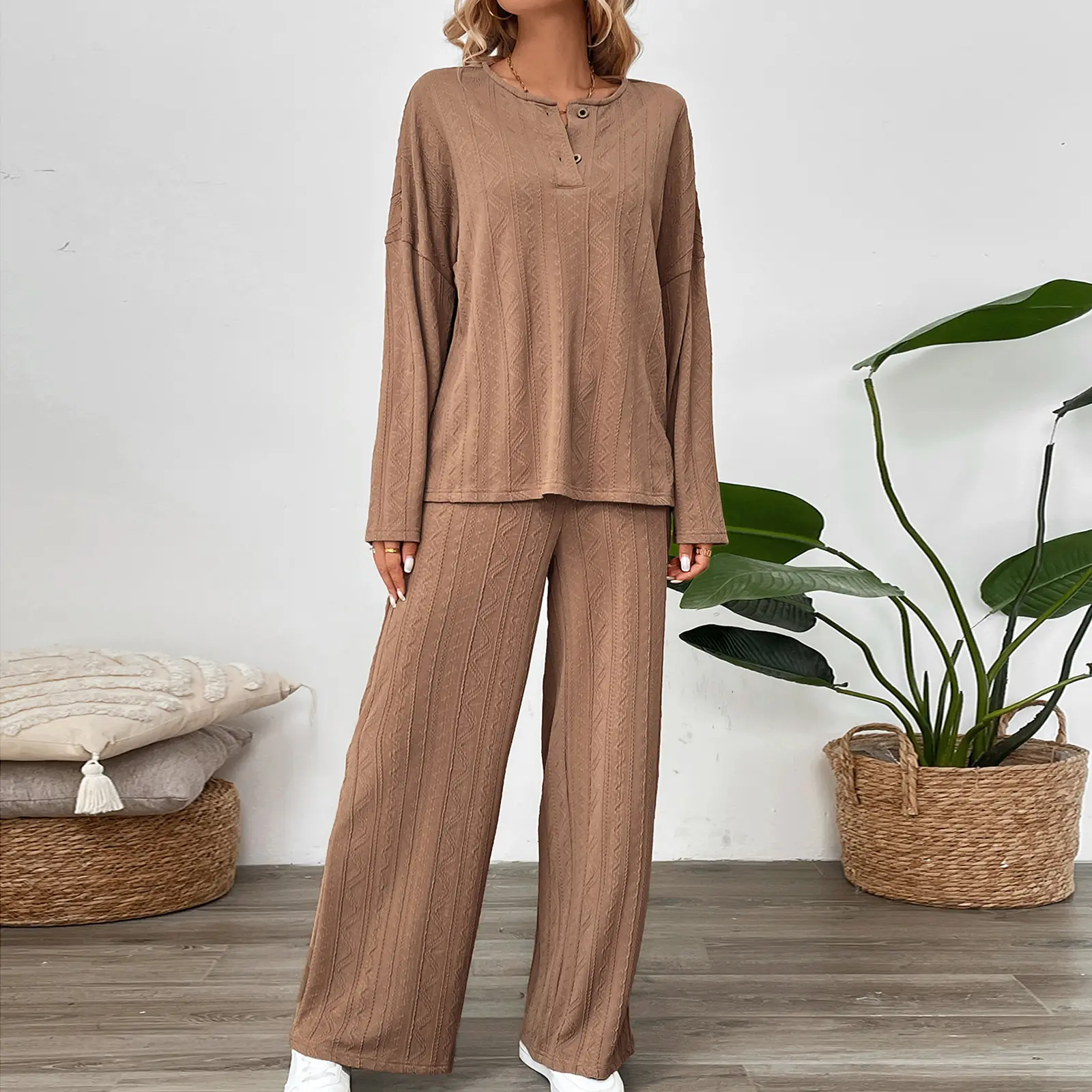 Women's Fall Loungewear Set Solid Color Long Sleeve Tops with Loose Long Pants Sleepwear