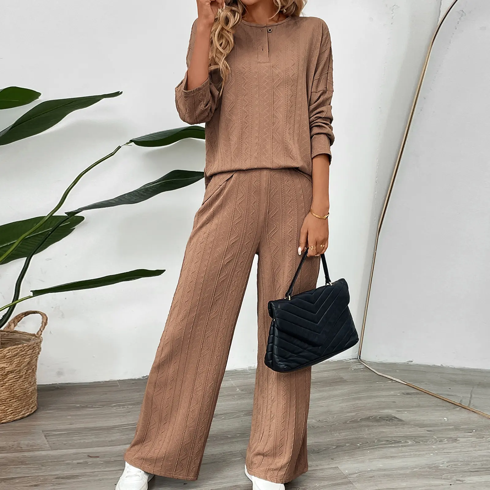 Women's Fall Loungewear Set Solid Color Long Sleeve Tops with Loose Long Pants Sleepwear