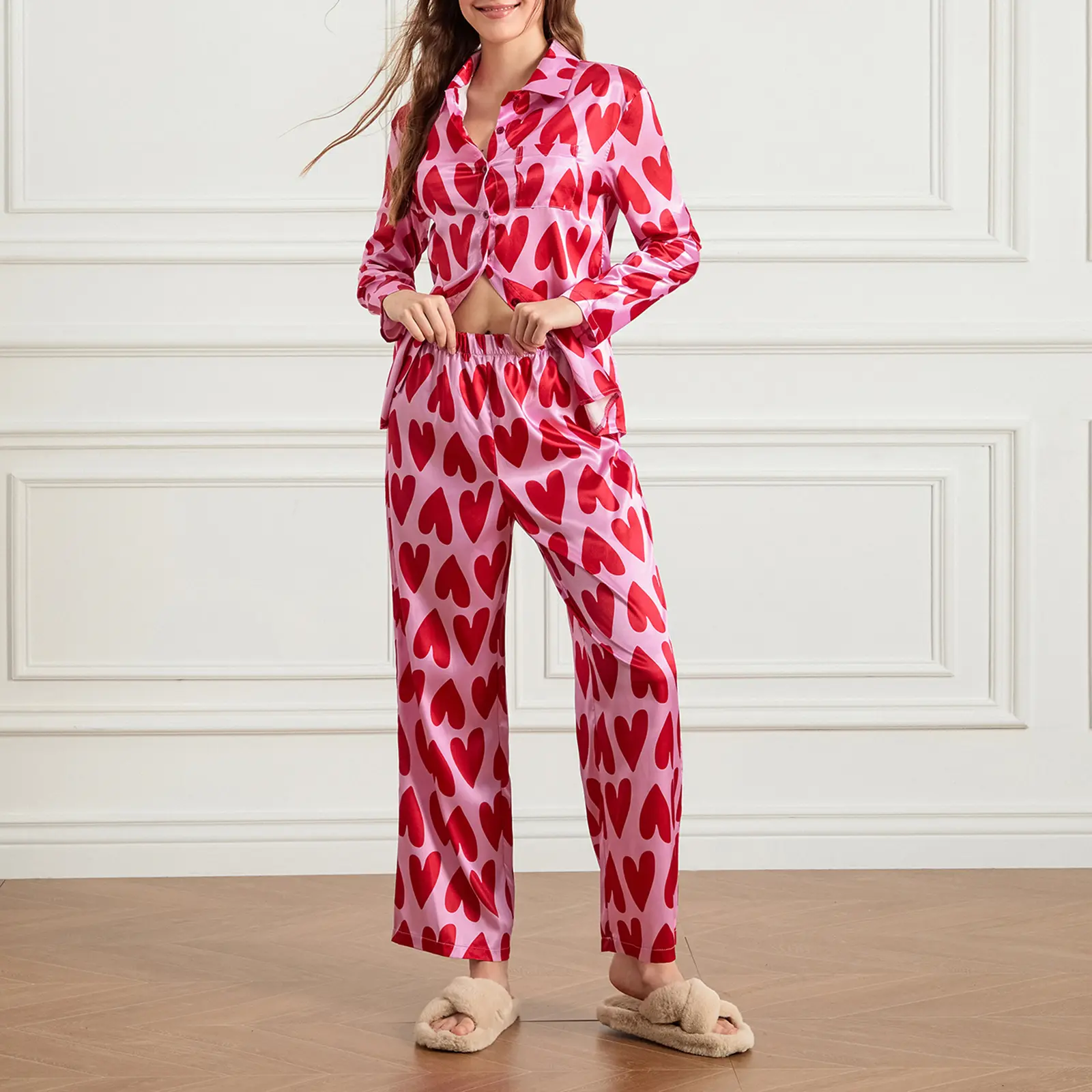 Women Pajamas Set, Heart Print Long Sleeve Shirt with Pants Sleepwear Loungewear