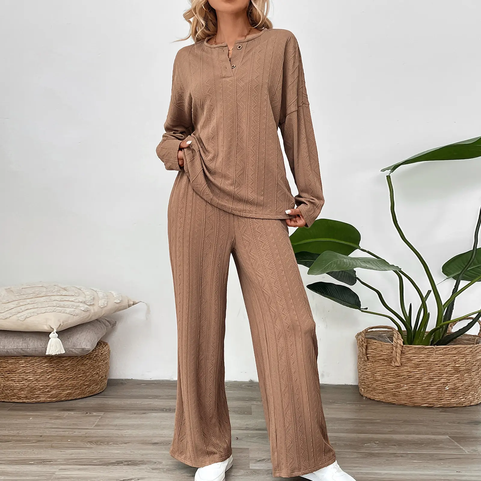 Women's Fall Loungewear Set Solid Color Long Sleeve Tops with Loose Long Pants Sleepwear