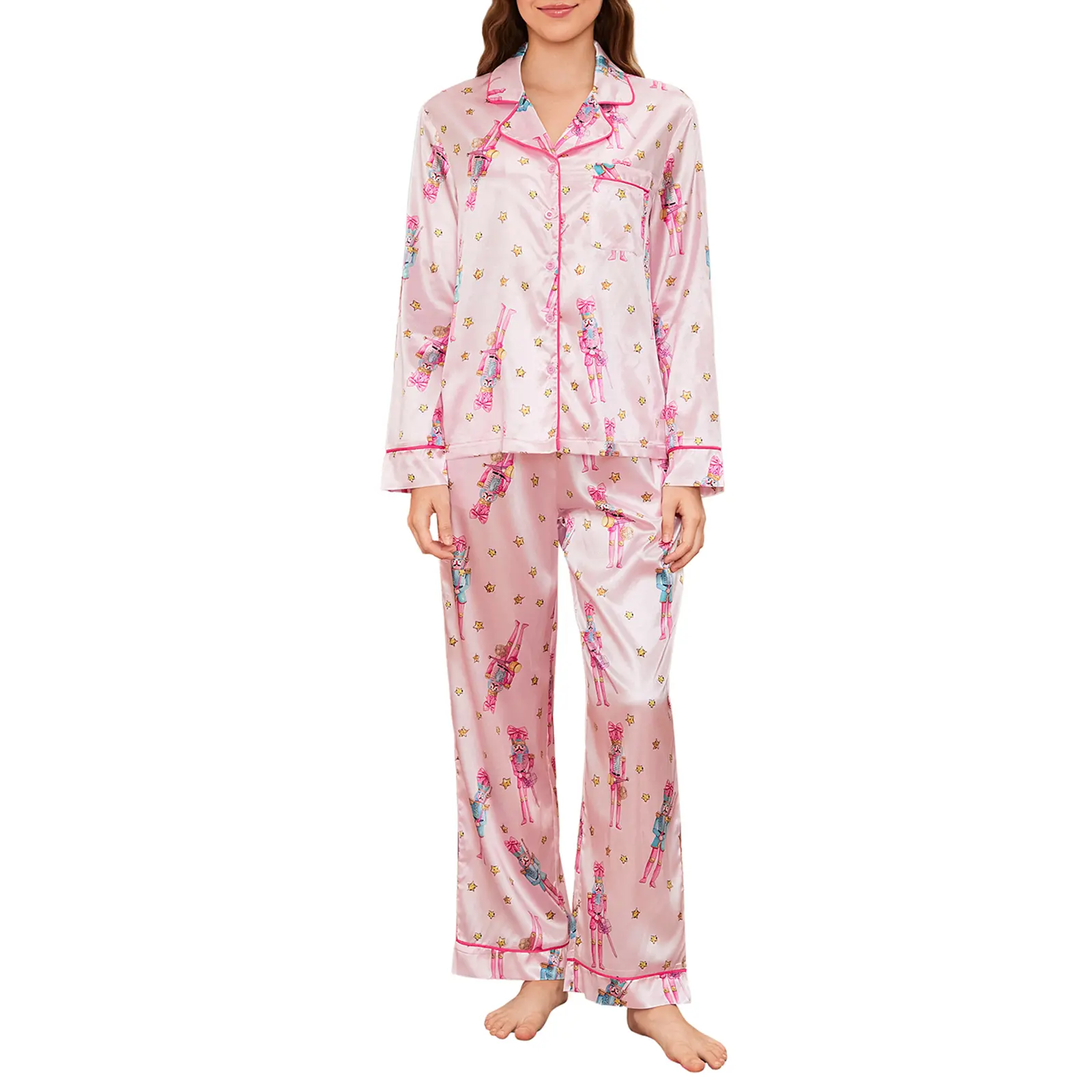Women Pajama Set, Cartoon Print Long Sleeve Tops with Pants Sleepwear Loungewear
