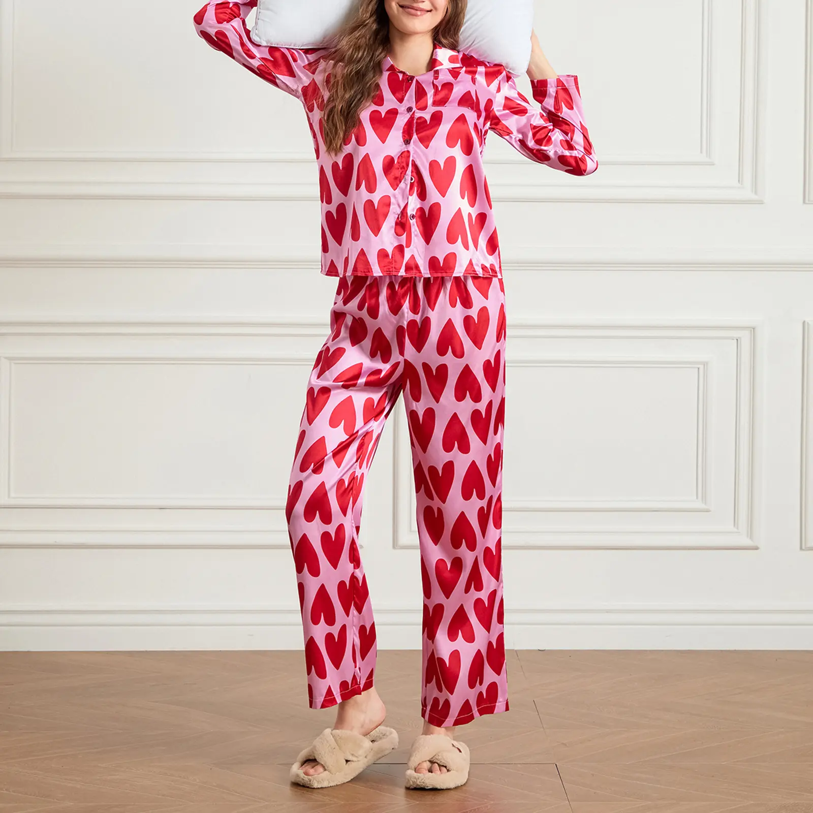 Women Pajamas Set, Heart Print Long Sleeve Shirt with Pants Sleepwear Loungewear