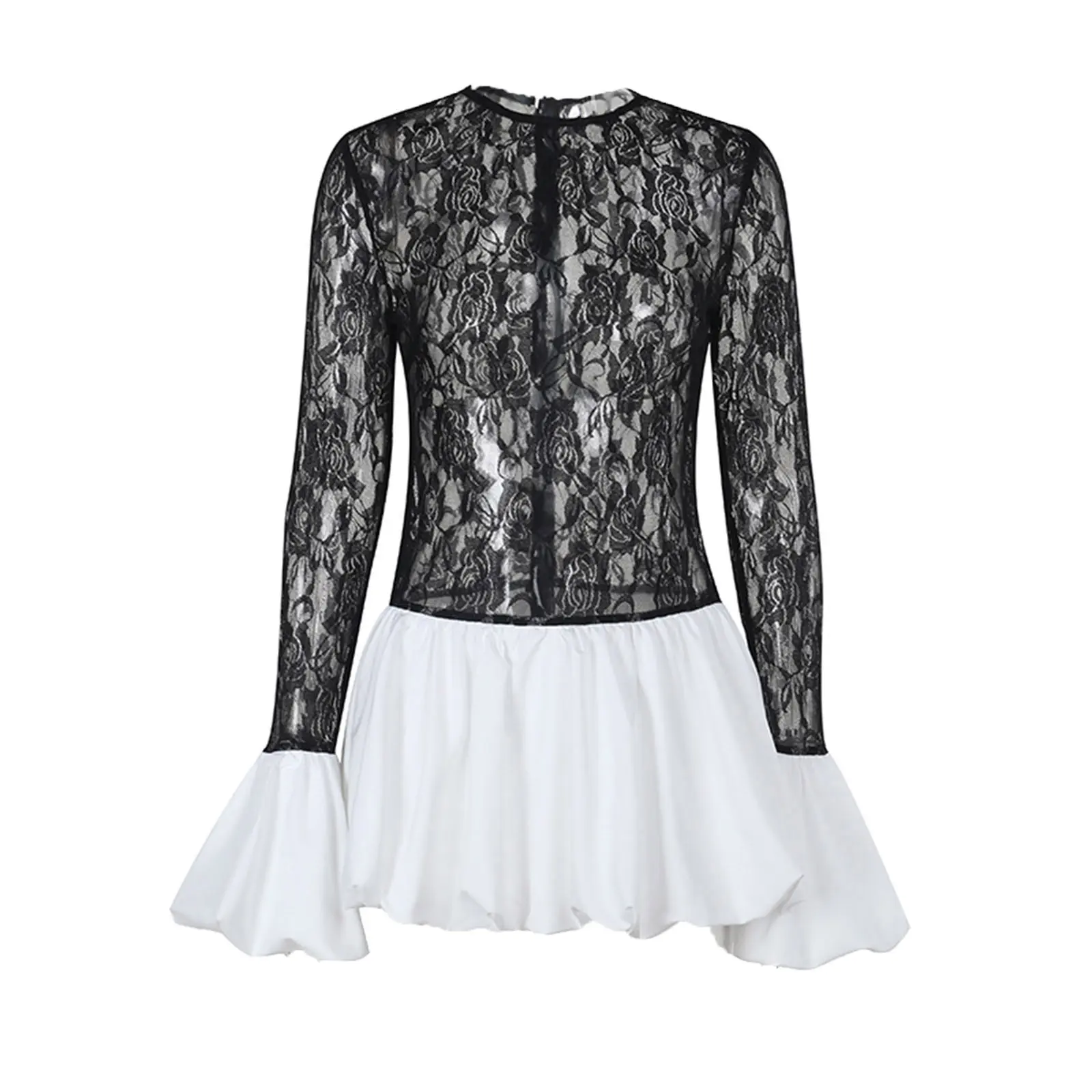 Women Floral Lace Mini Dress Slim See Through Long Sleeve A-line Bubble Dress for Party Club