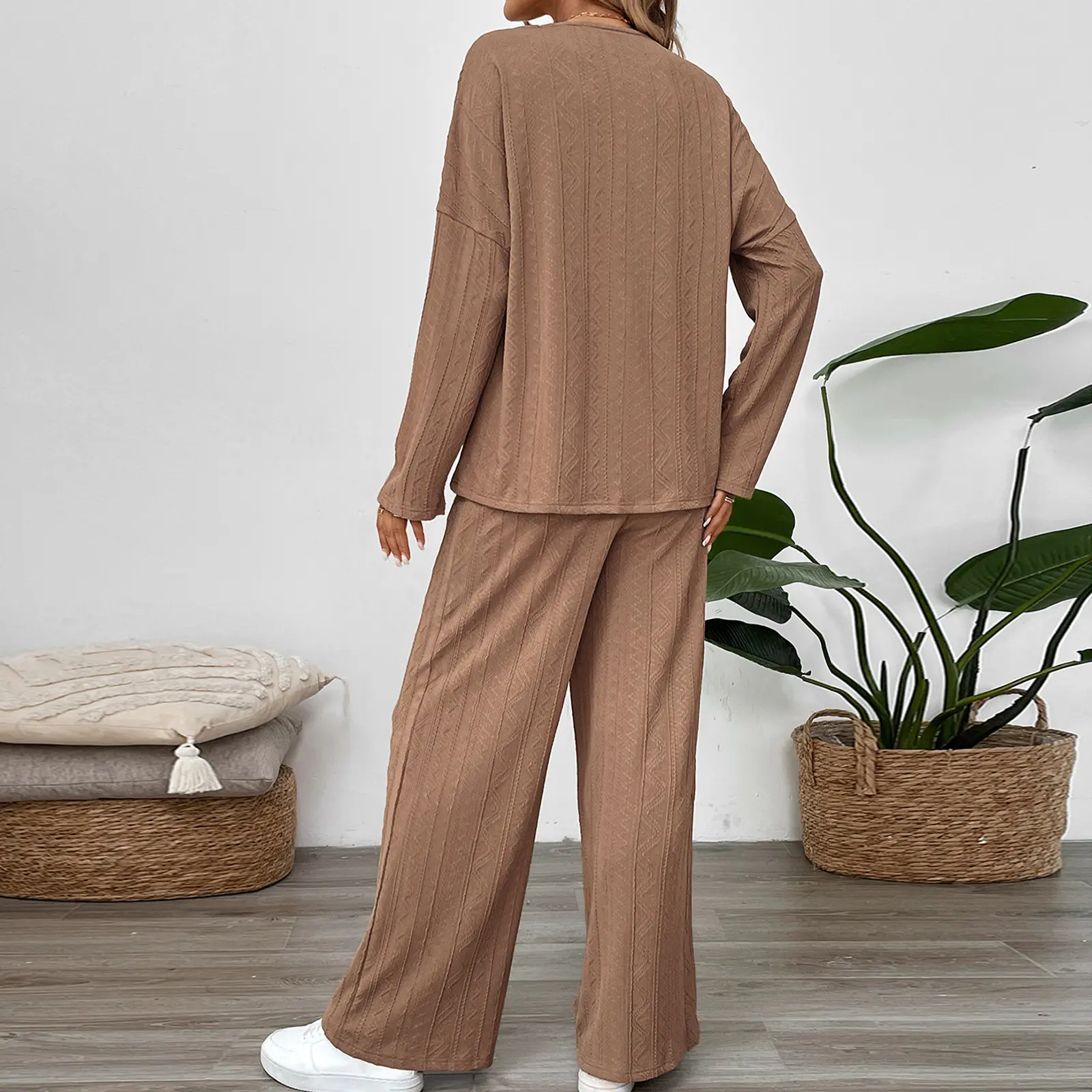Women's Fall Loungewear Set Solid Color Long Sleeve Tops with Loose Long Pants Sleepwear