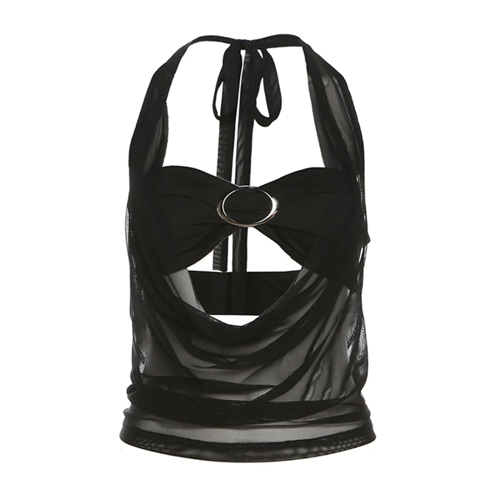 Women's Sheer Halter Tank Tops Solid Color Sleeveless Backless Vest with Metal Buckle Strapless Bra