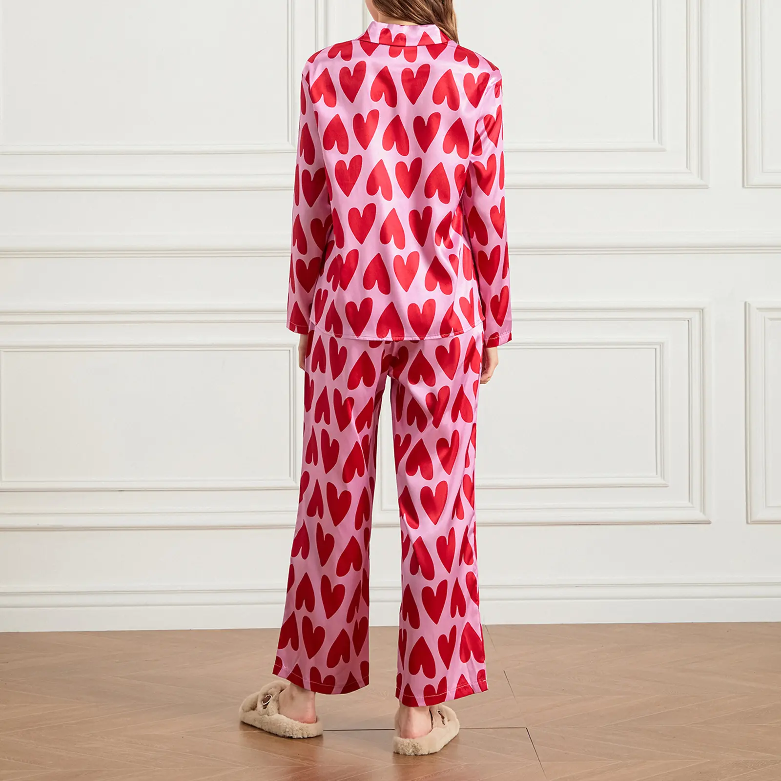 Women Pajamas Set, Heart Print Long Sleeve Shirt with Pants Sleepwear Loungewear