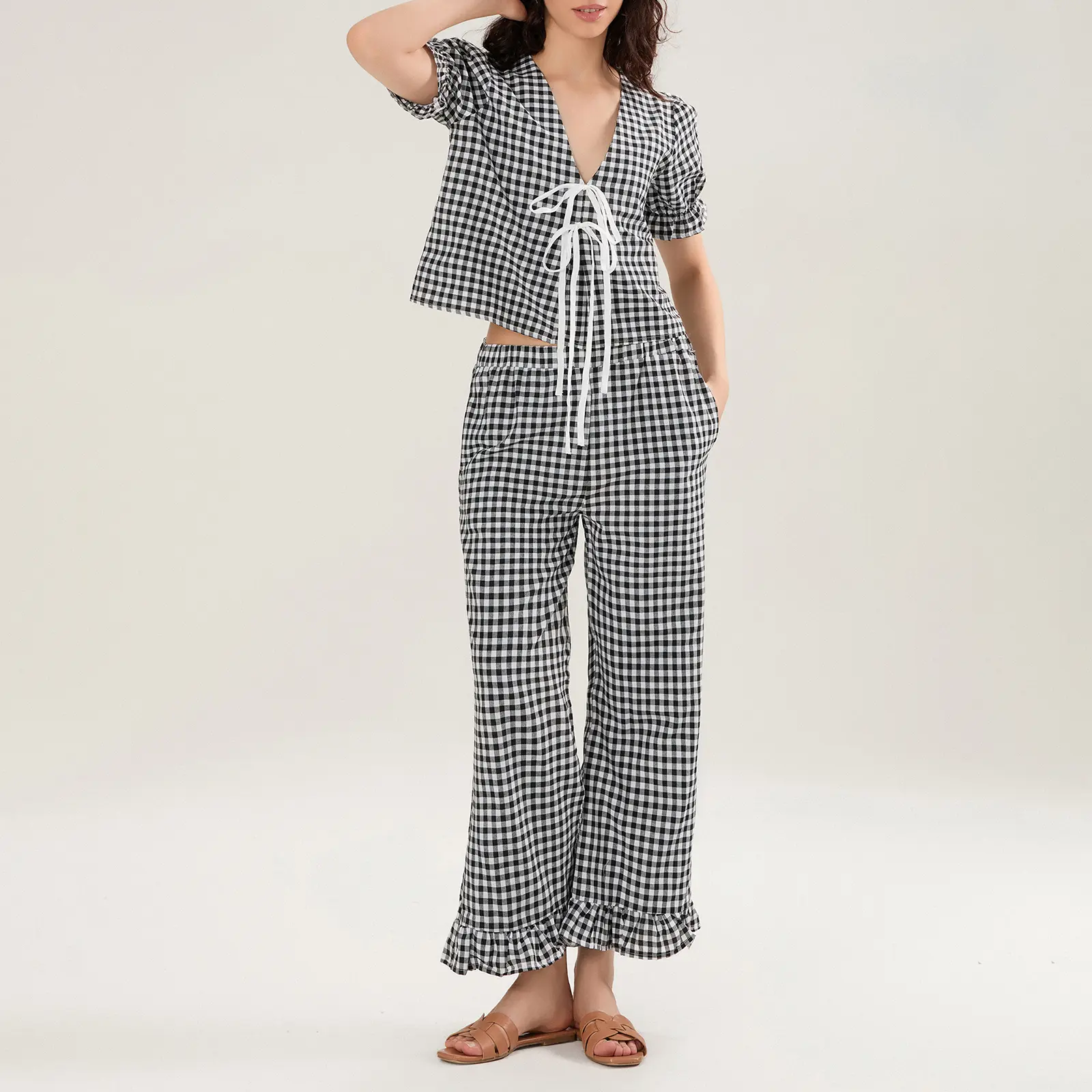 Women's 2 Piece Pajama Set Short Sleeve V Neck Plaid Print Tops Wide Leg Pants Sleepwear Sets