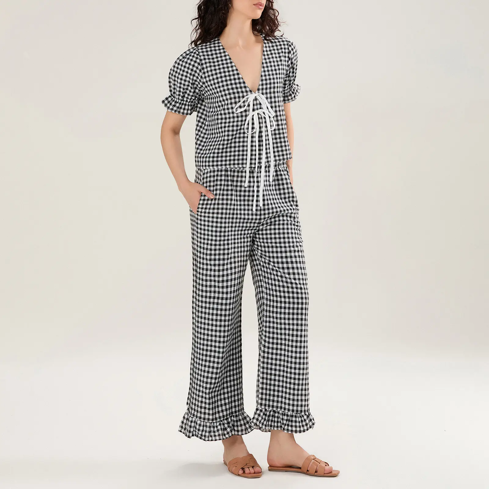 Women's 2 Piece Pajama Set Short Sleeve V Neck Plaid Print Tops Wide Leg Pants Sleepwear Sets