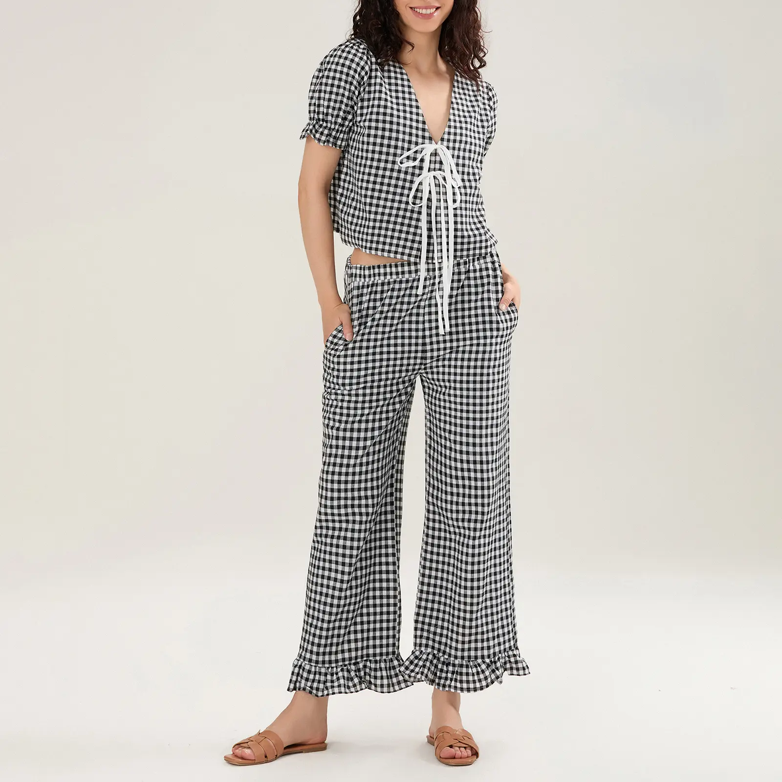 Women's 2 Piece Pajama Set Short Sleeve V Neck Plaid Print Tops Wide Leg Pants Sleepwear Sets