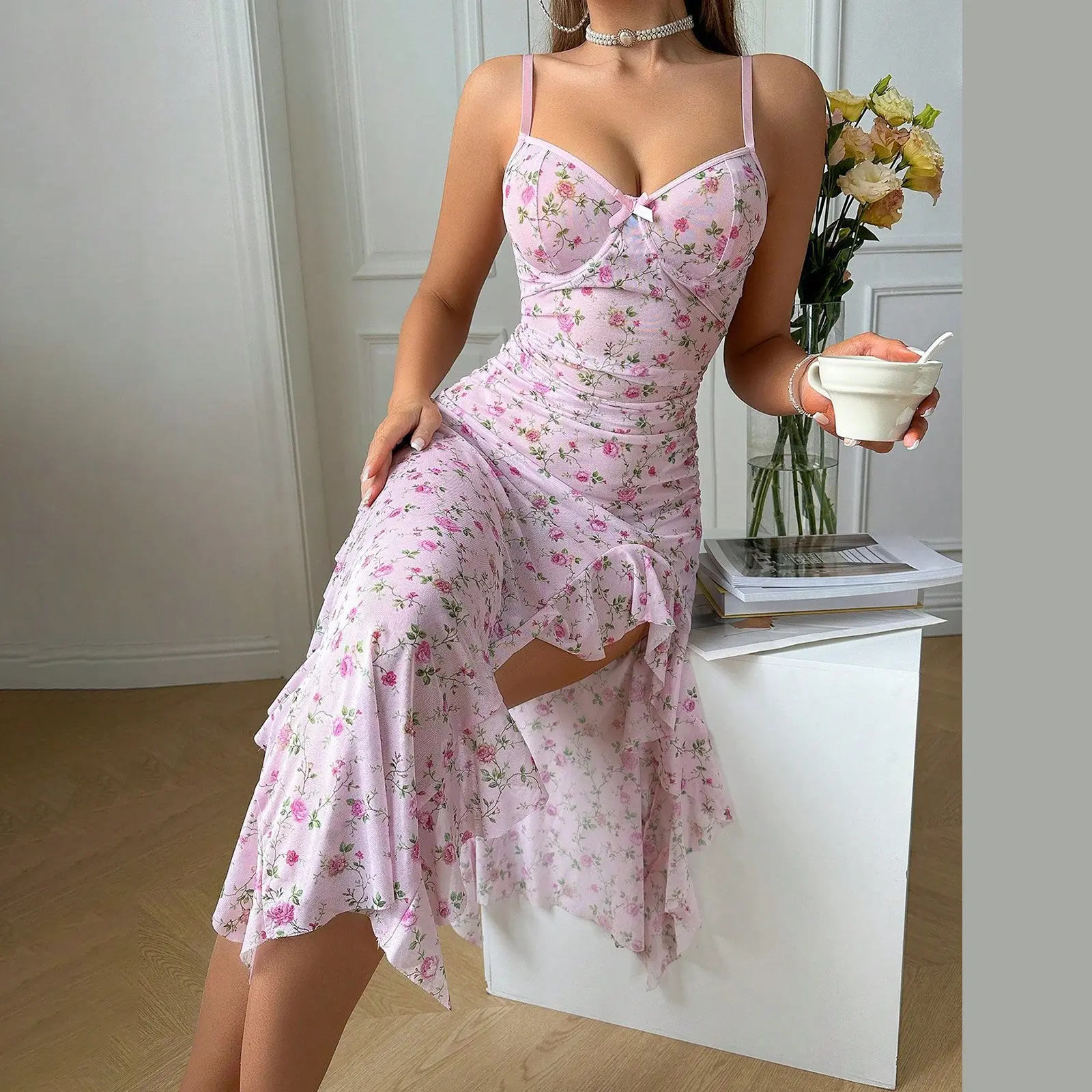 Women's Floral Print Nightdress Ruffled Spaghetti Strap Cami Midi Dress Sleepwear Lingerie Chemise