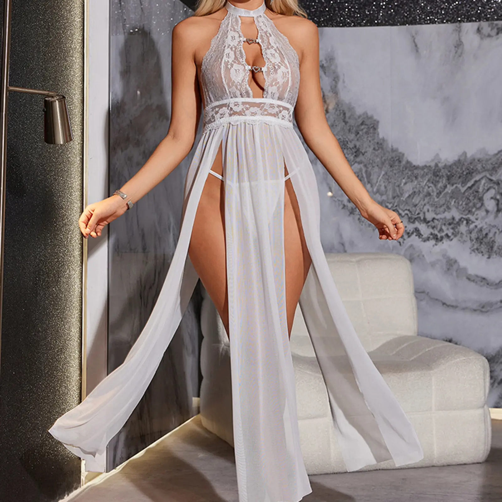 Women Nightdress, Sleeveless Halter Dress Backless Lace Patchwork Slit Dress Sleepwear Loungewear with Briefs