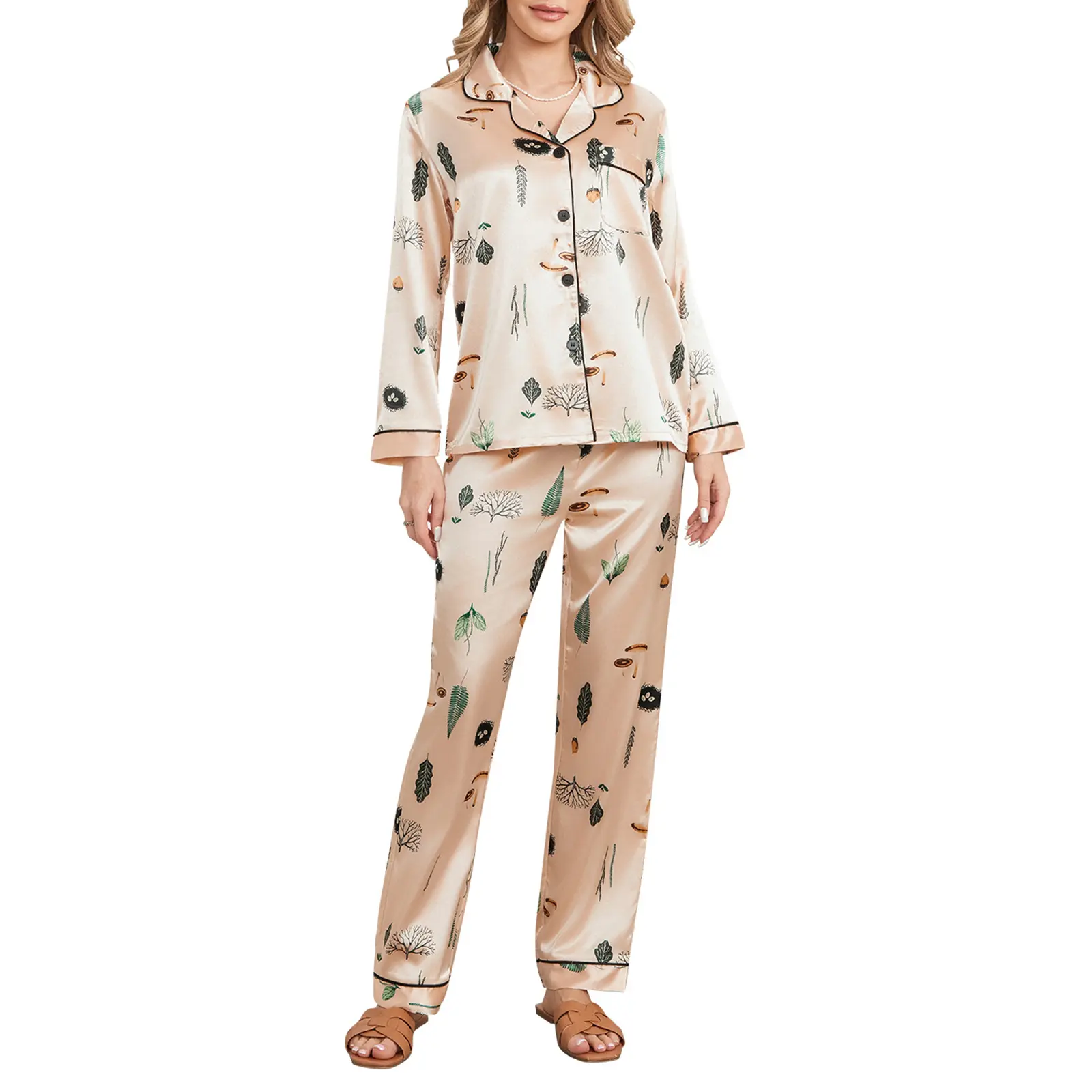 Women Satin Pajamas Lounge Set Leaves Print Turn-Down Collar Long Sleeve Shirts Tops and Pants 2 Piece Loungewear Outfits