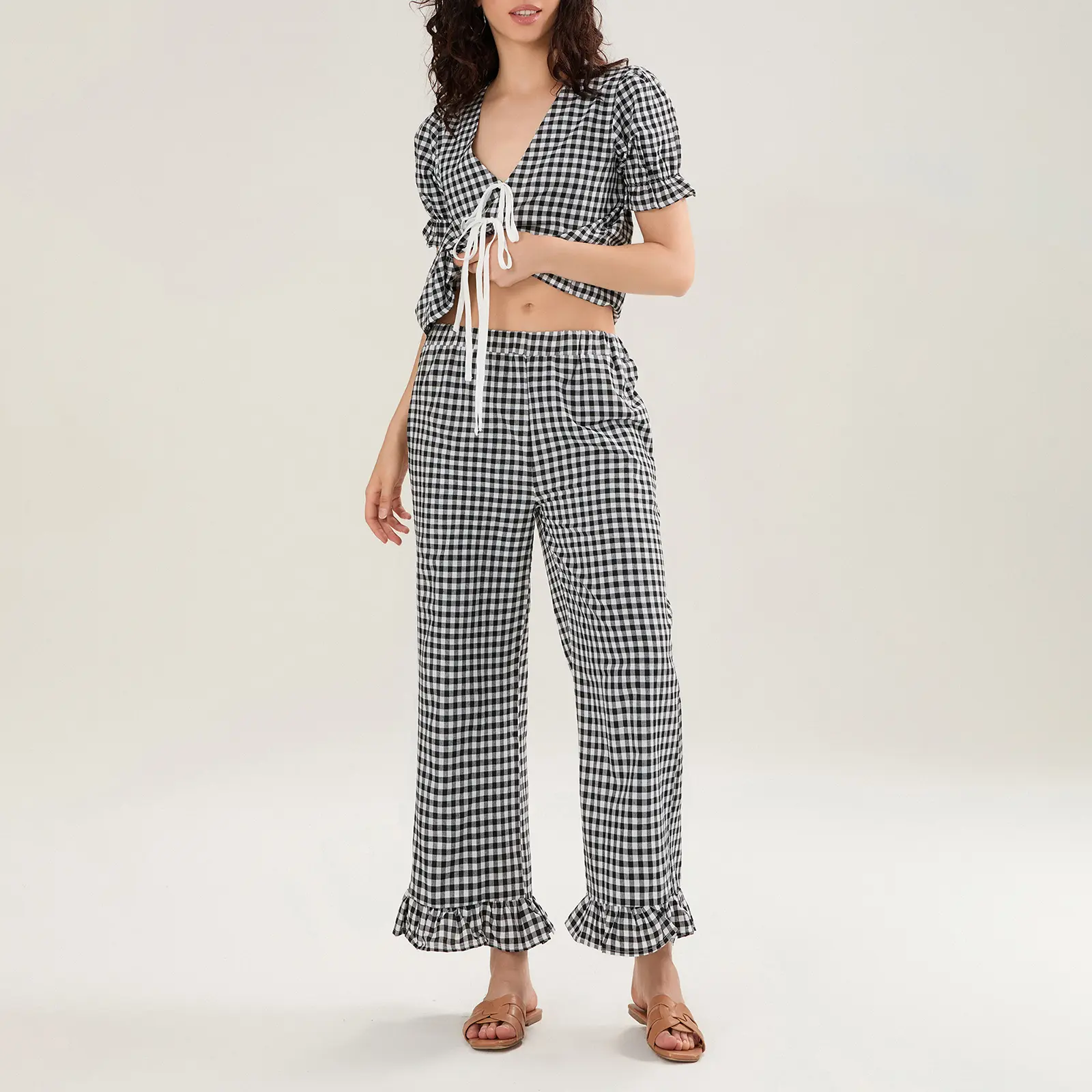 Women's 2 Piece Pajama Set Short Sleeve V Neck Plaid Print Tops Wide Leg Pants Sleepwear Sets