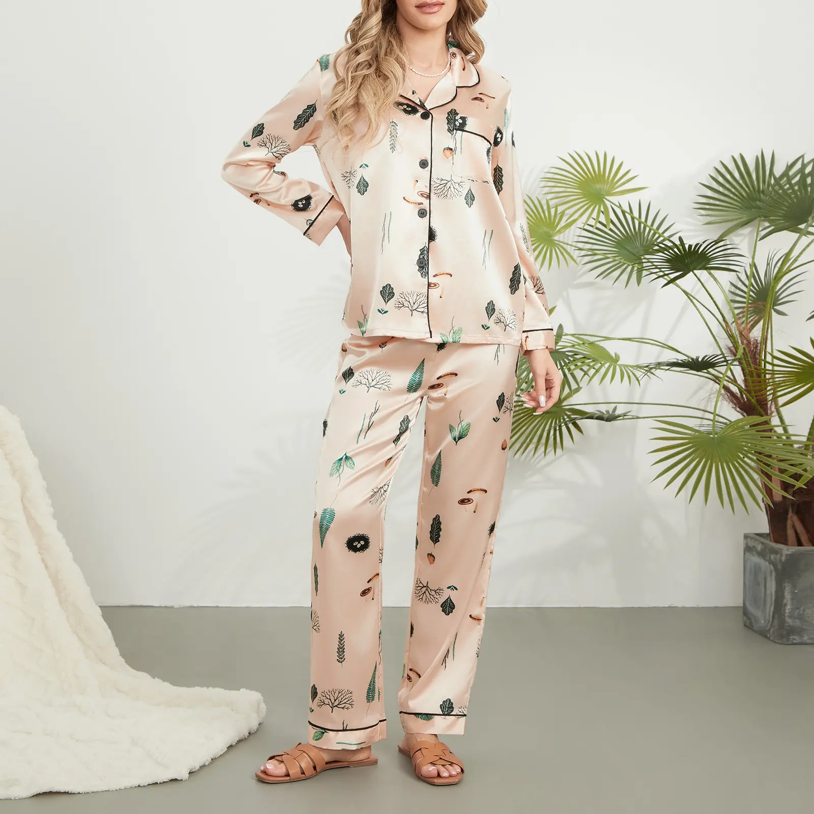 Women Satin Pajamas Lounge Set Leaves Print Turn-Down Collar Long Sleeve Shirts Tops and Pants 2 Piece Loungewear Outfits