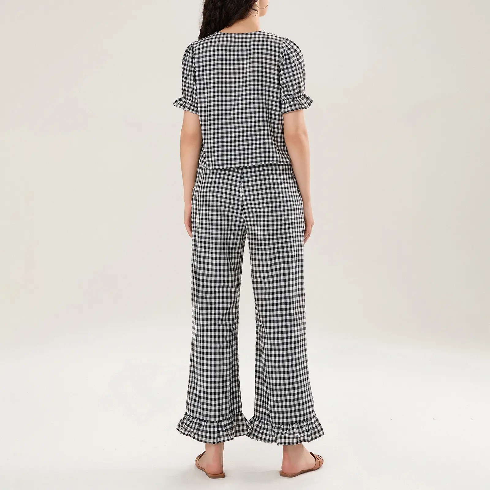Women's 2 Piece Pajama Set Short Sleeve V Neck Plaid Print Tops Wide Leg Pants Sleepwear Sets
