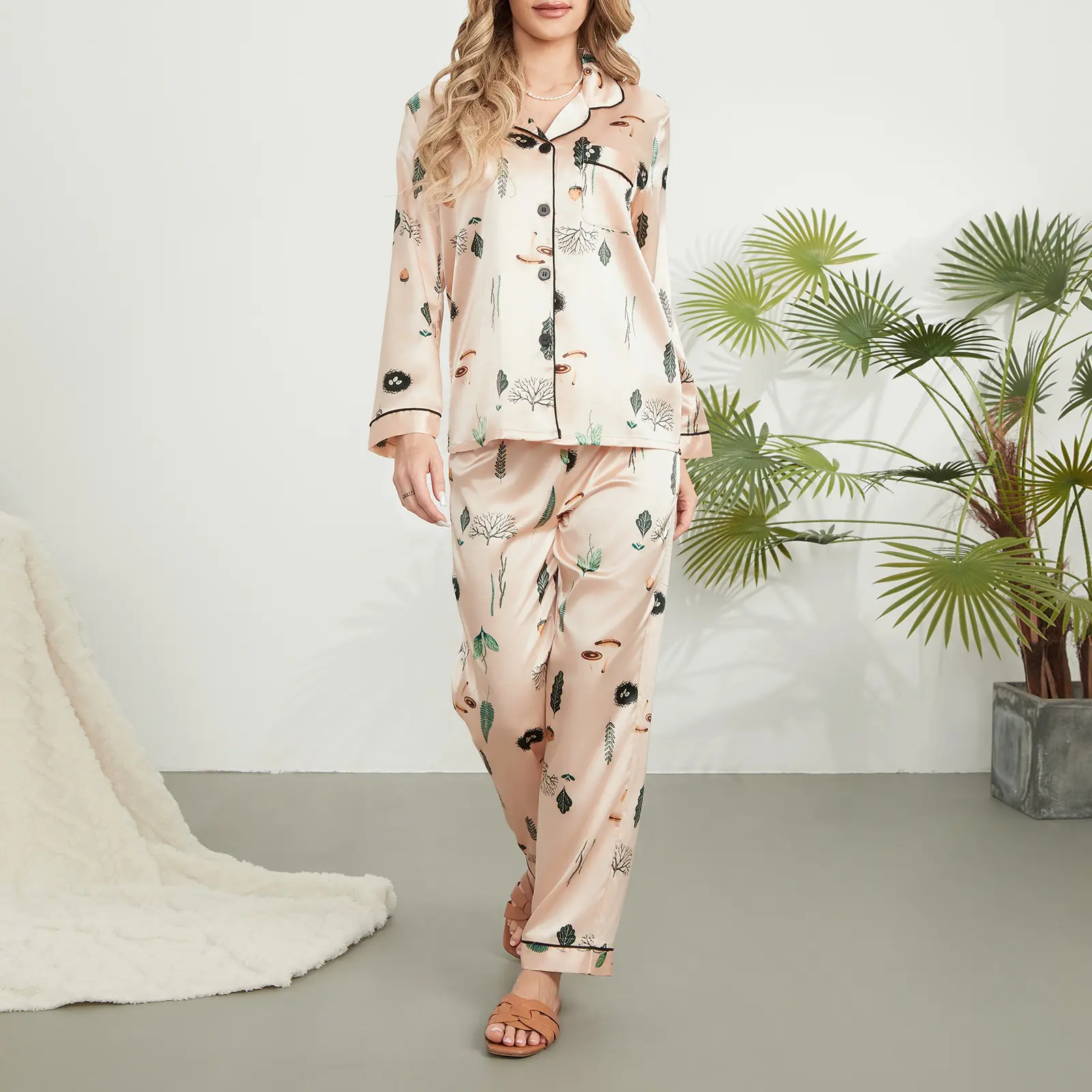 Women Satin Pajamas Lounge Set Leaves Print Turn-Down Collar Long Sleeve Shirts Tops and Pants 2 Piece Loungewear Outfits