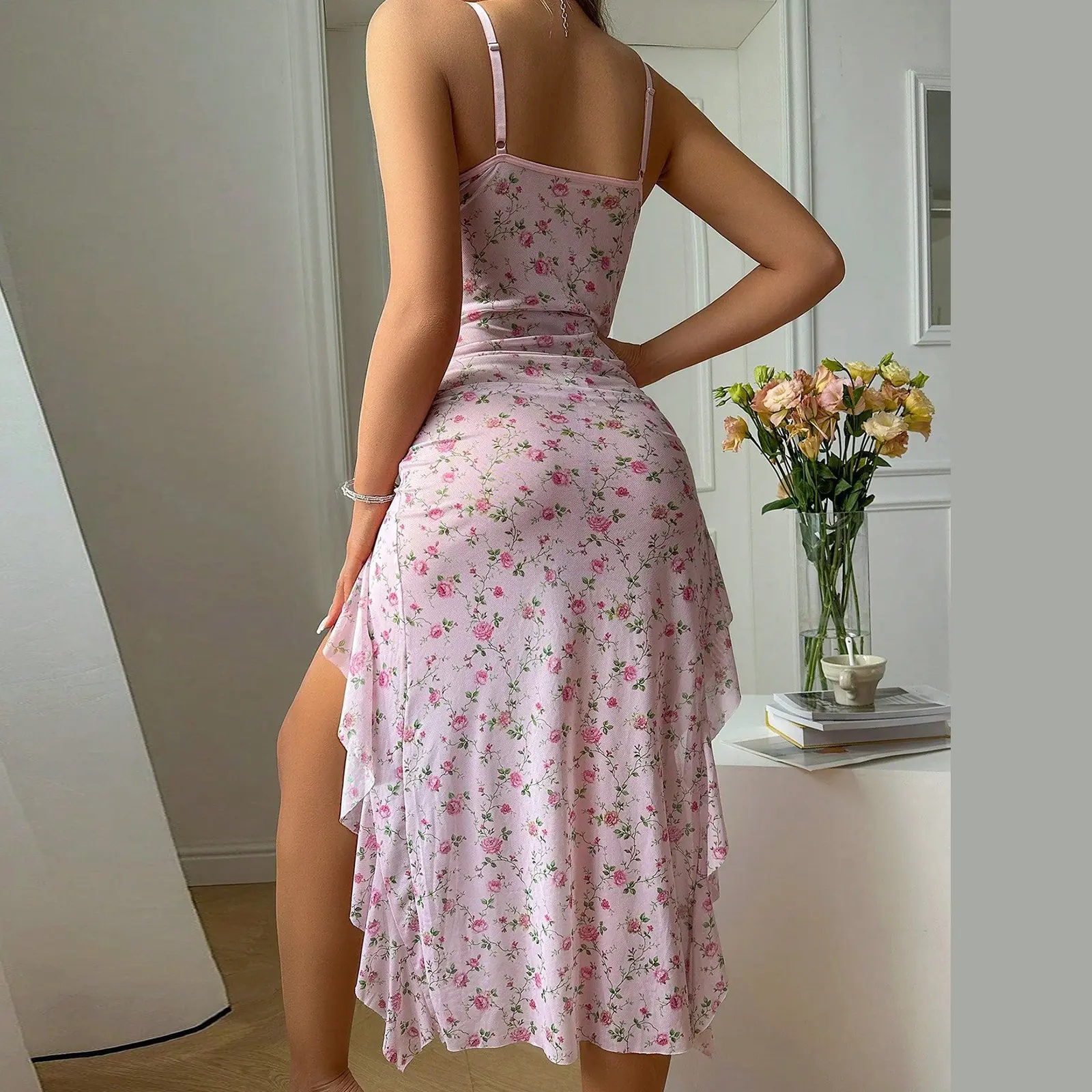 Women's Floral Print Nightdress Ruffled Spaghetti Strap Cami Midi Dress Sleepwear Lingerie Chemise