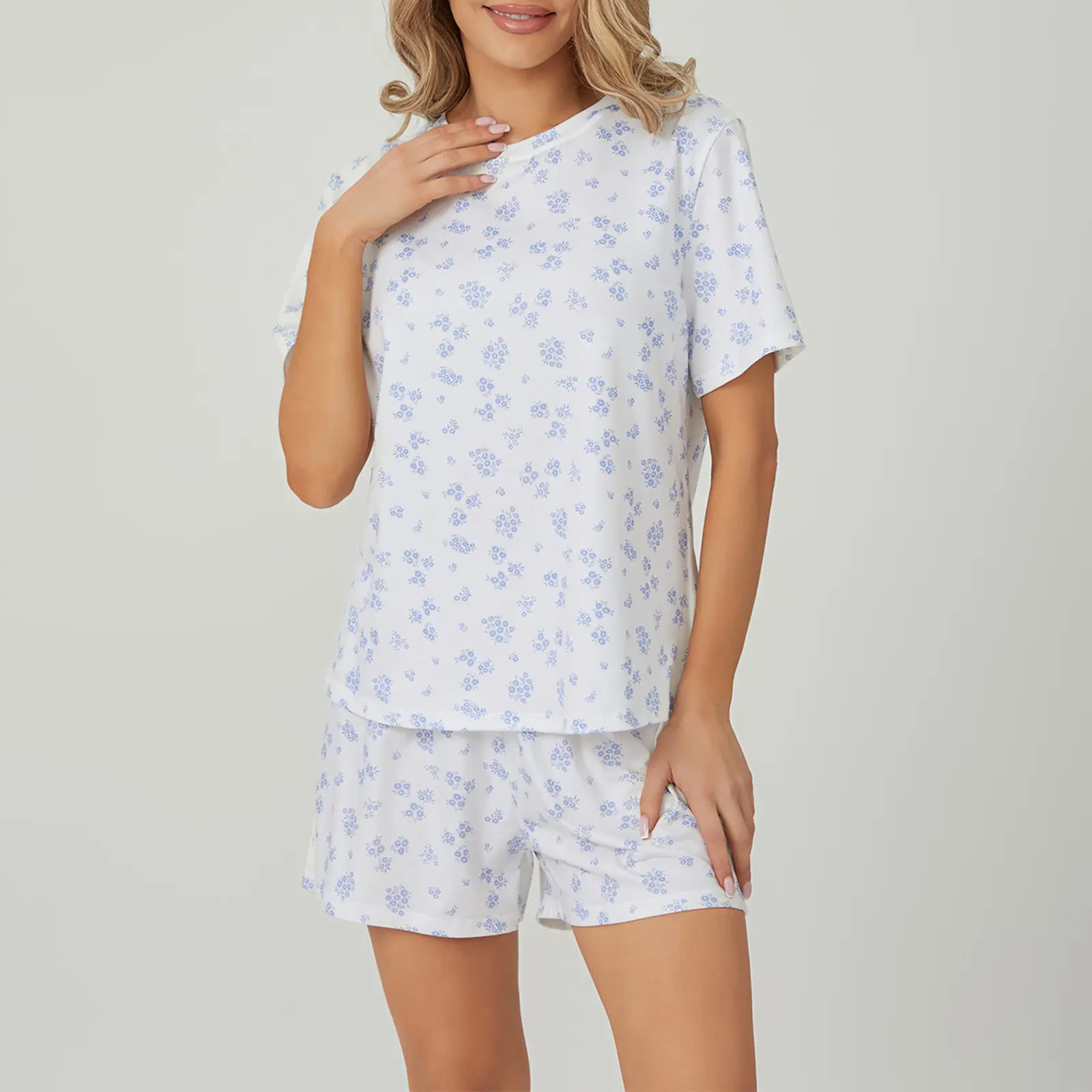 Women Pajamas Set 2 Pieces Loungewear Suits Floral Print Short Sleeve T-Shirts Tops and Shorts Sleepwear Outfits