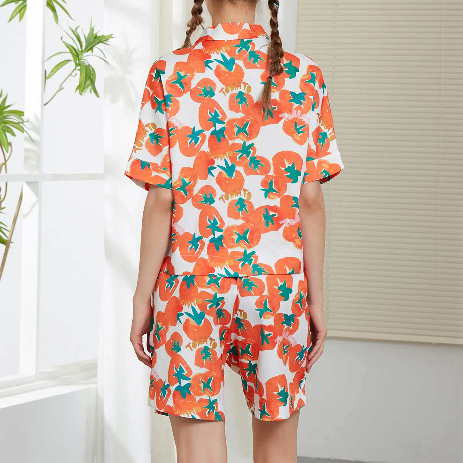 Women Button up Pjs Set Fashion Print Short Sleeves Shirt and Elastic Shorts for 2 Piece Loungewear Soft Sleepwear